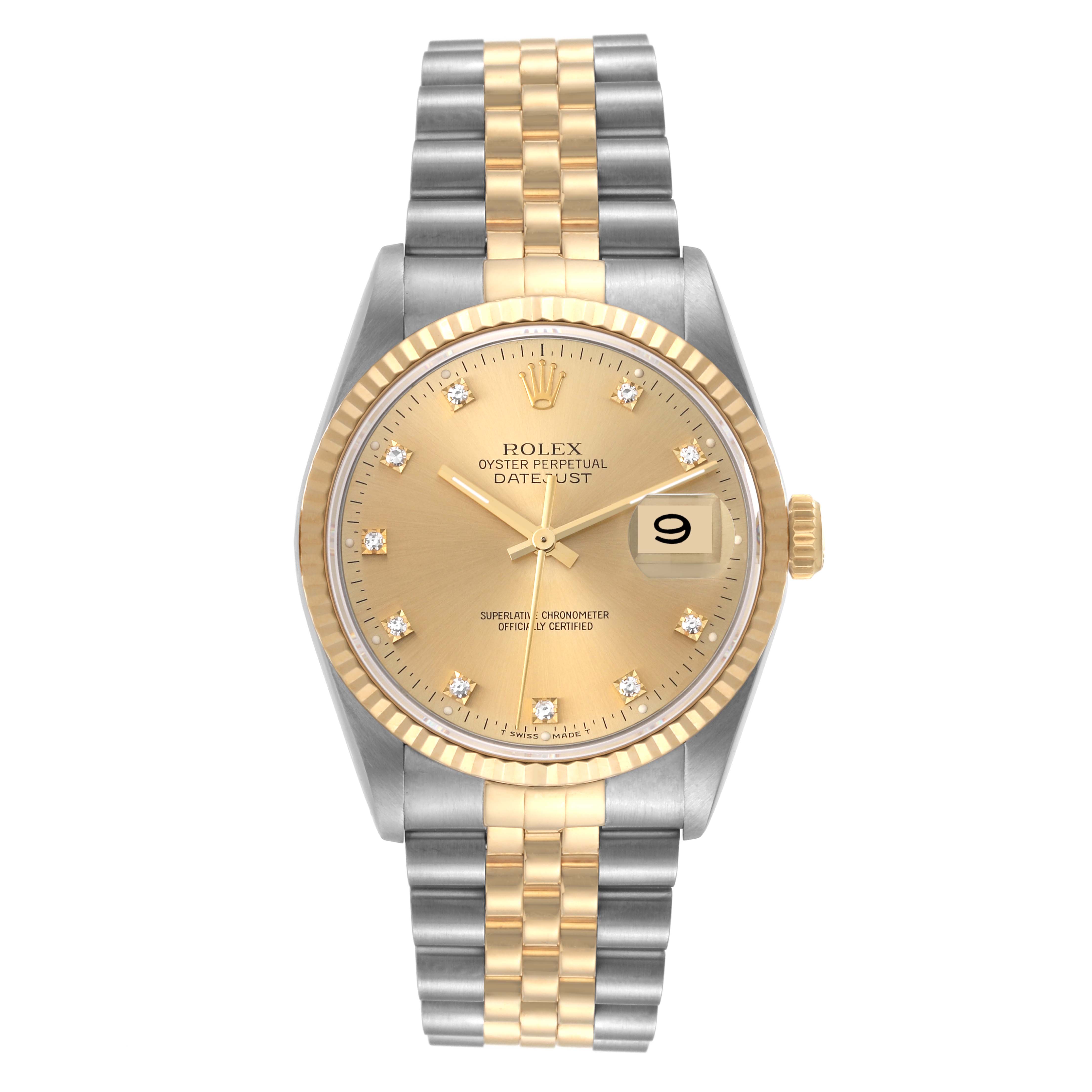 The Rolex Datejust 16233 Men's Steel and Gold (two tone) Champagne Dial 16233 Men's Steel and Gold (two tone) Champagne Dial model is shown from a top-down angle, displaying its two-tone bracelet, gold dial, and fluted bezel.