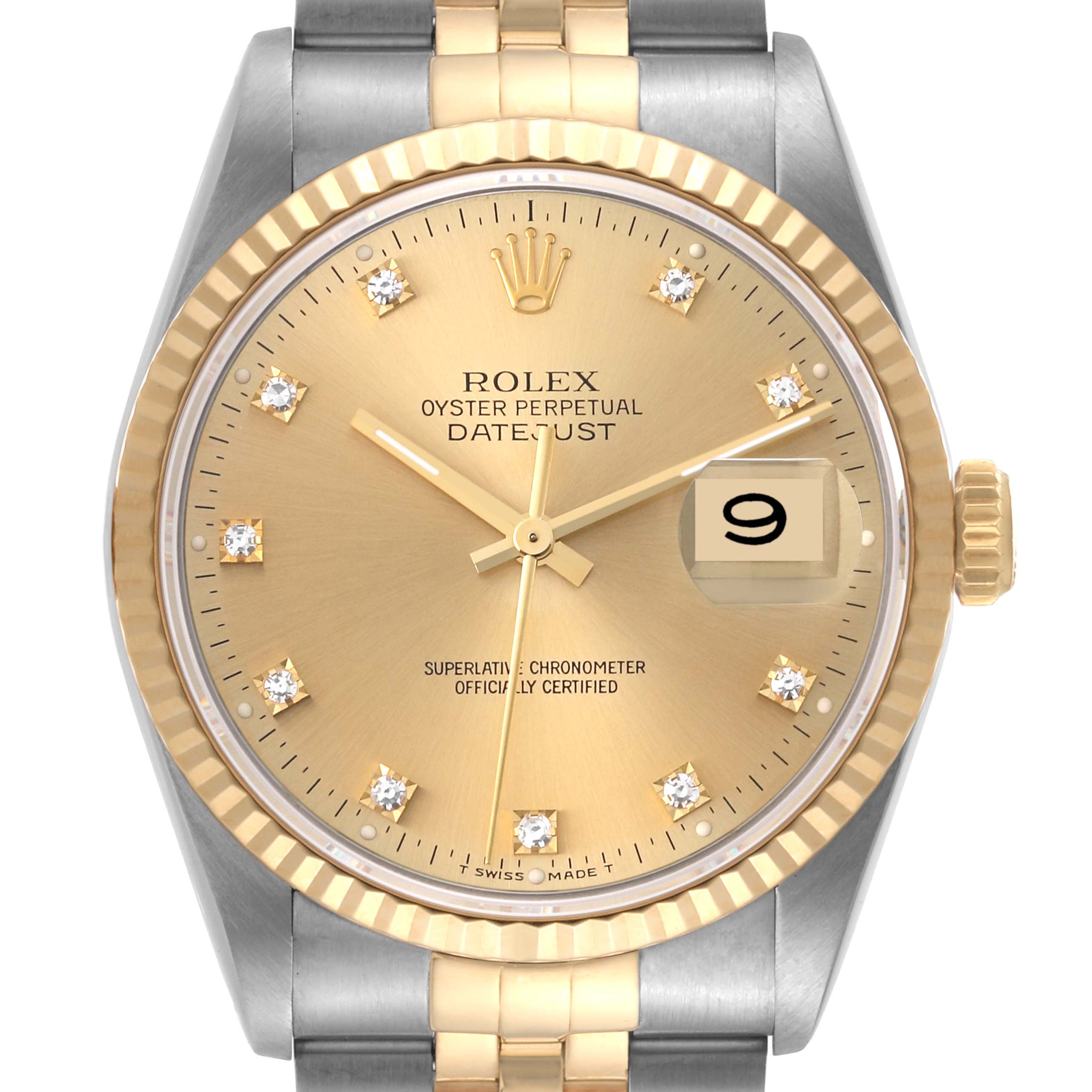 This image shows a close-up, front-facing view of the Rolex Datejust 16233 Men's Steel and Gold (two tone) Champagne Dial 16233 Men's Steel and Gold (two tone) Champagne Dial watch, highlighting the dial, hands, bezel, and bracelet.