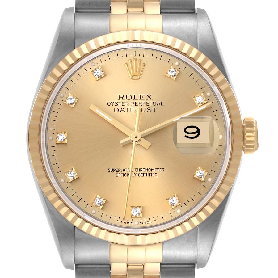 Rolex Datejust Steel Yellow Gold Diamond Dial Mens Watch 16233 Box Papers SwissWatchExpo