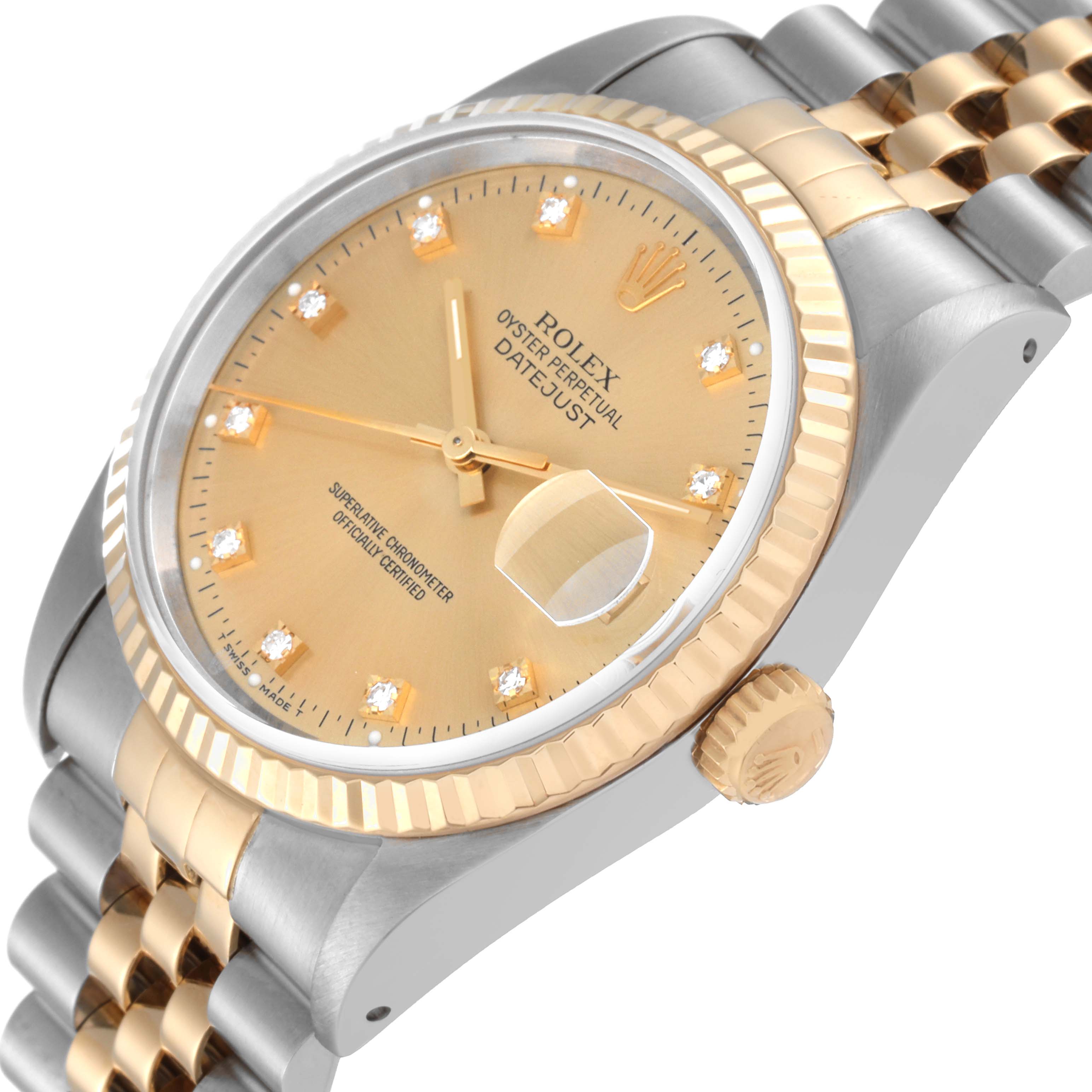 This image shows a Rolex Datejust 16233 Men's Steel and Gold (two tone) Champagne Dial 16233 Men's Steel and Gold (two tone) Champagne Dial watch from an angled view, highlighting the dial, crown, and part of the bracelet.