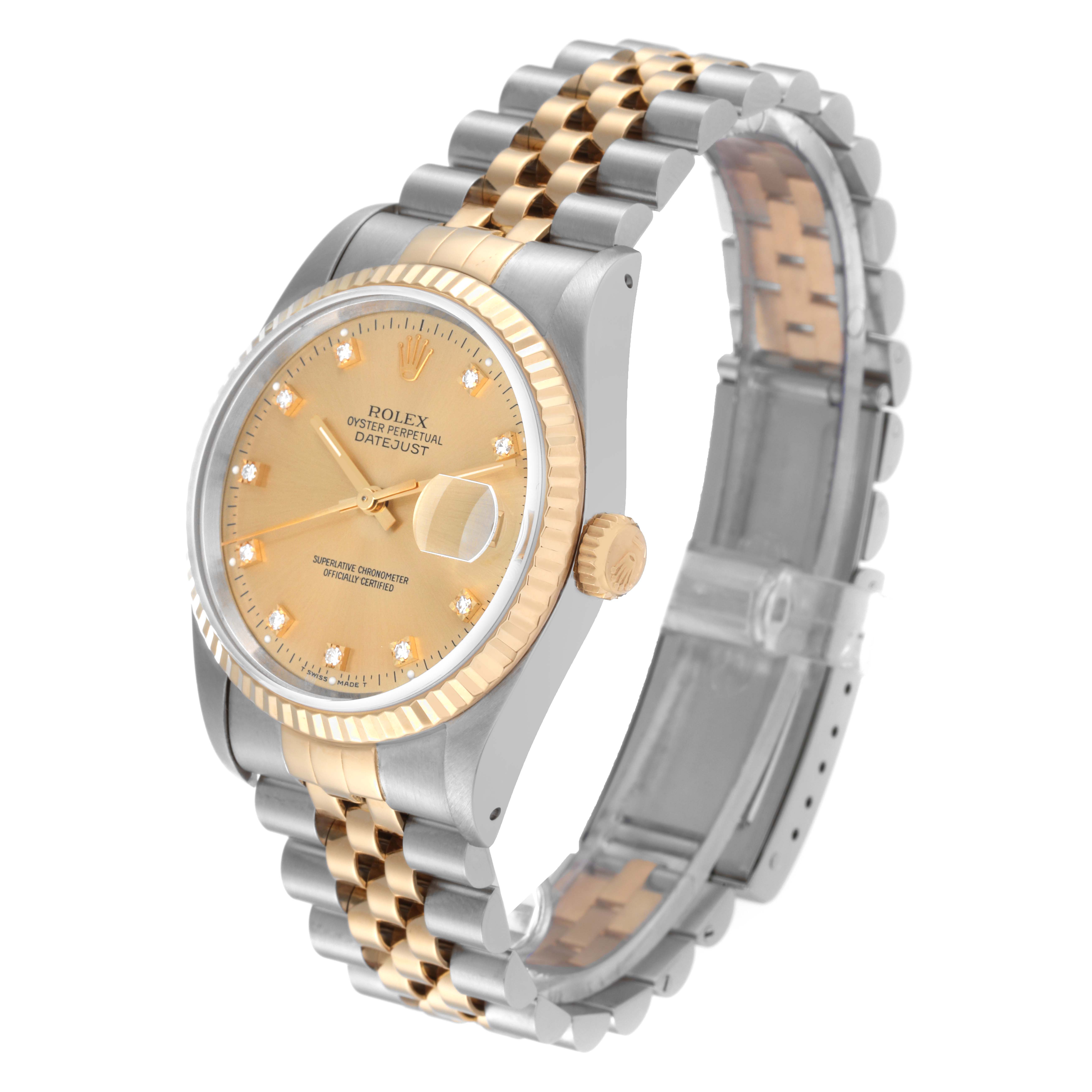 The Rolex Datejust 16233 Men's Steel and Gold (two tone) Champagne Dial 16233 Men's Steel and Gold (two tone) Champagne Dial watch is shown at a three-quarter angle, highlighting its two-tone bracelet and champagne dial.