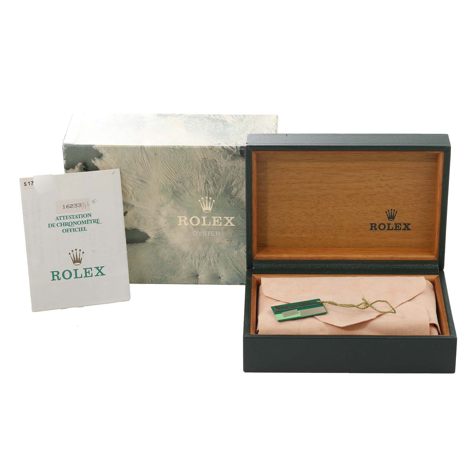 The image shows a Rolex Datejust 16233 Men's Steel and Gold (two tone) Champagne Dial 16233 Men's Steel and Gold (two tone) Champagne Dial watch's box, manual, and tag, with the box open to display the packaging inside.