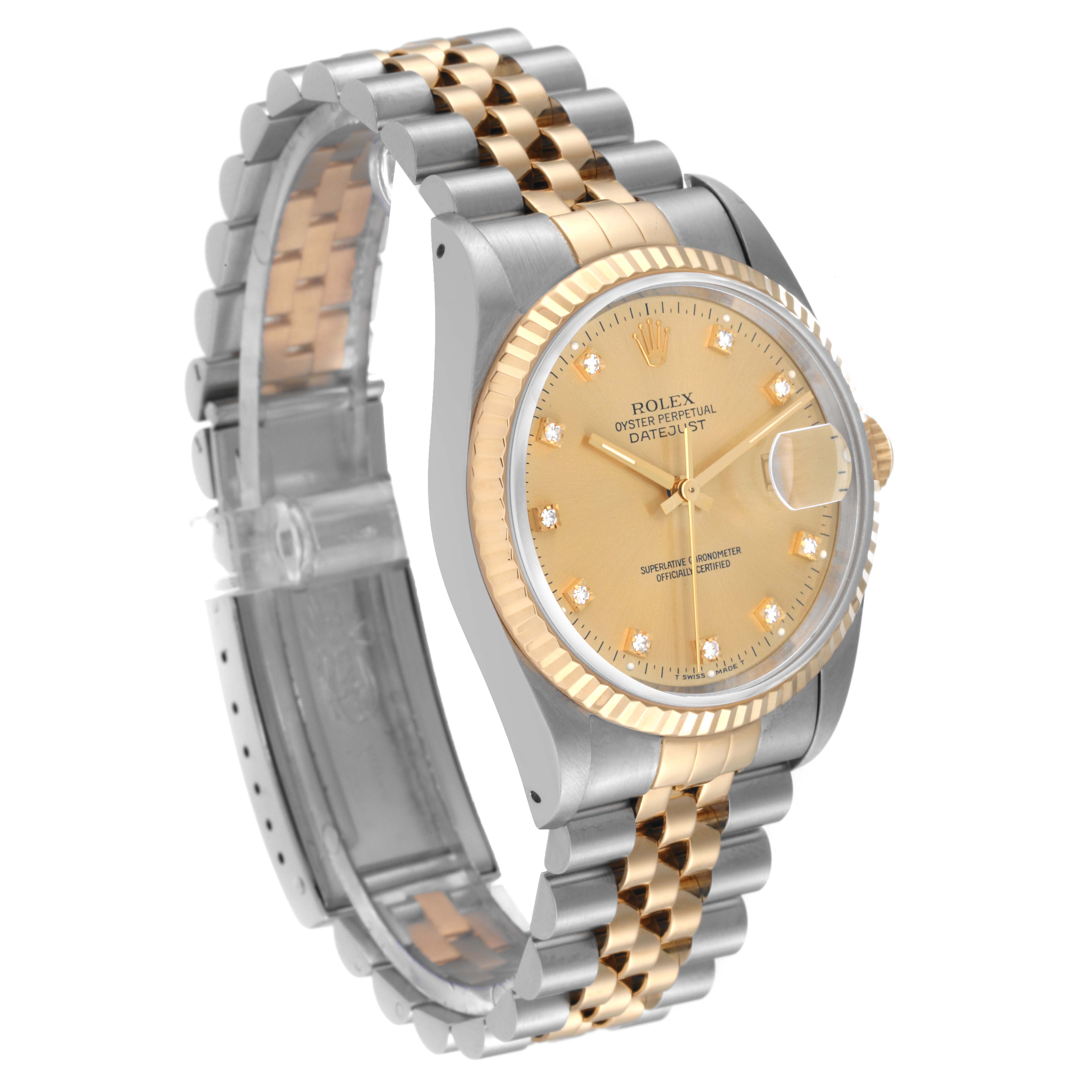 This image shows a side angle view of a Rolex Datejust 16233 Men's Steel and Gold (two tone) Champagne Dial 16233 Men's Steel and Gold (two tone) Champagne Dial watch, highlighting the champagne dial, fluted bezel, and two-tone Jubilee bracelet.