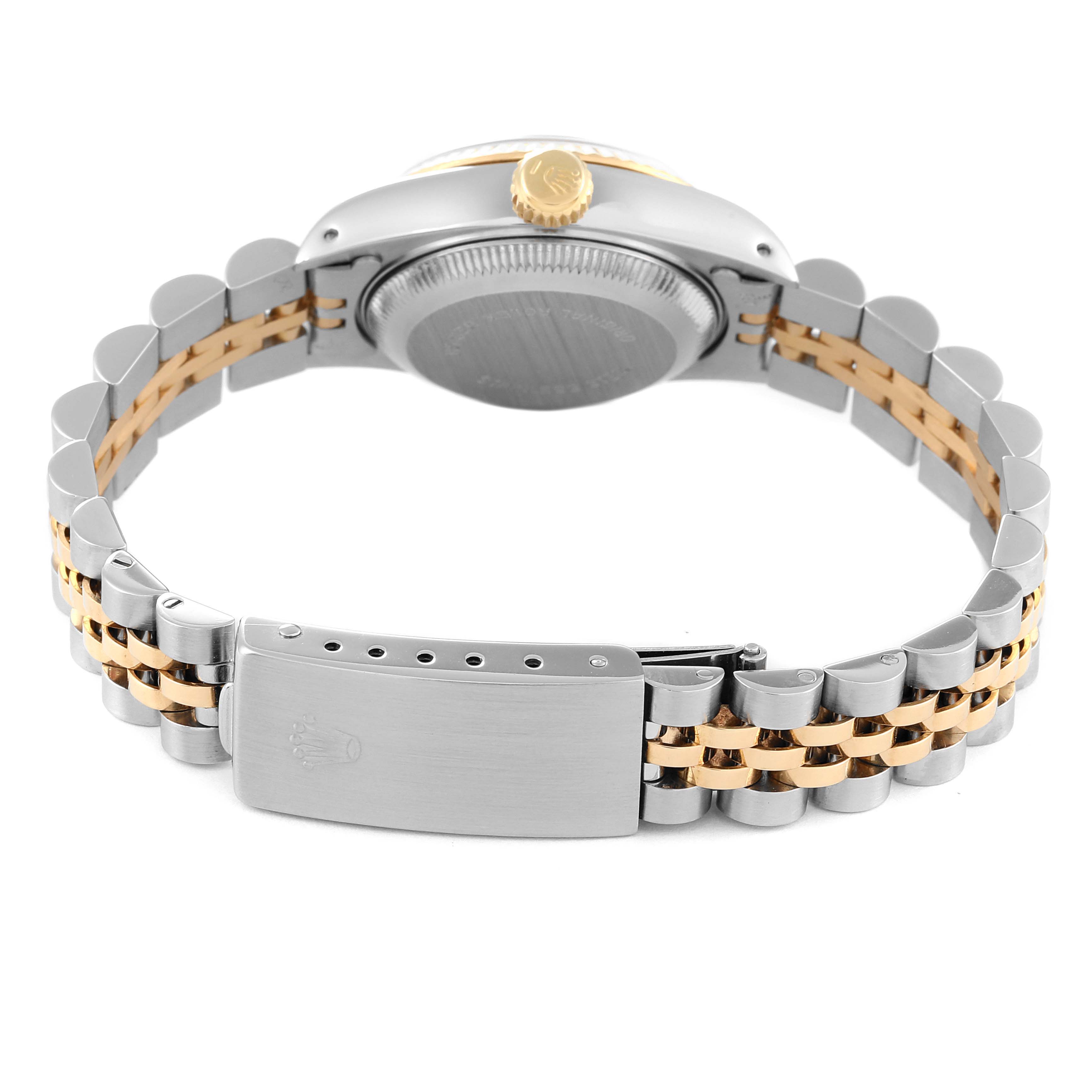 This image shows the back view of a Rolex Datejust 69173 Women's Steel and Gold (two tone) Champagne Dial 69173 Women's Steel and Gold (two tone) Champagne Dial watch, highlighting its caseback and clasp.