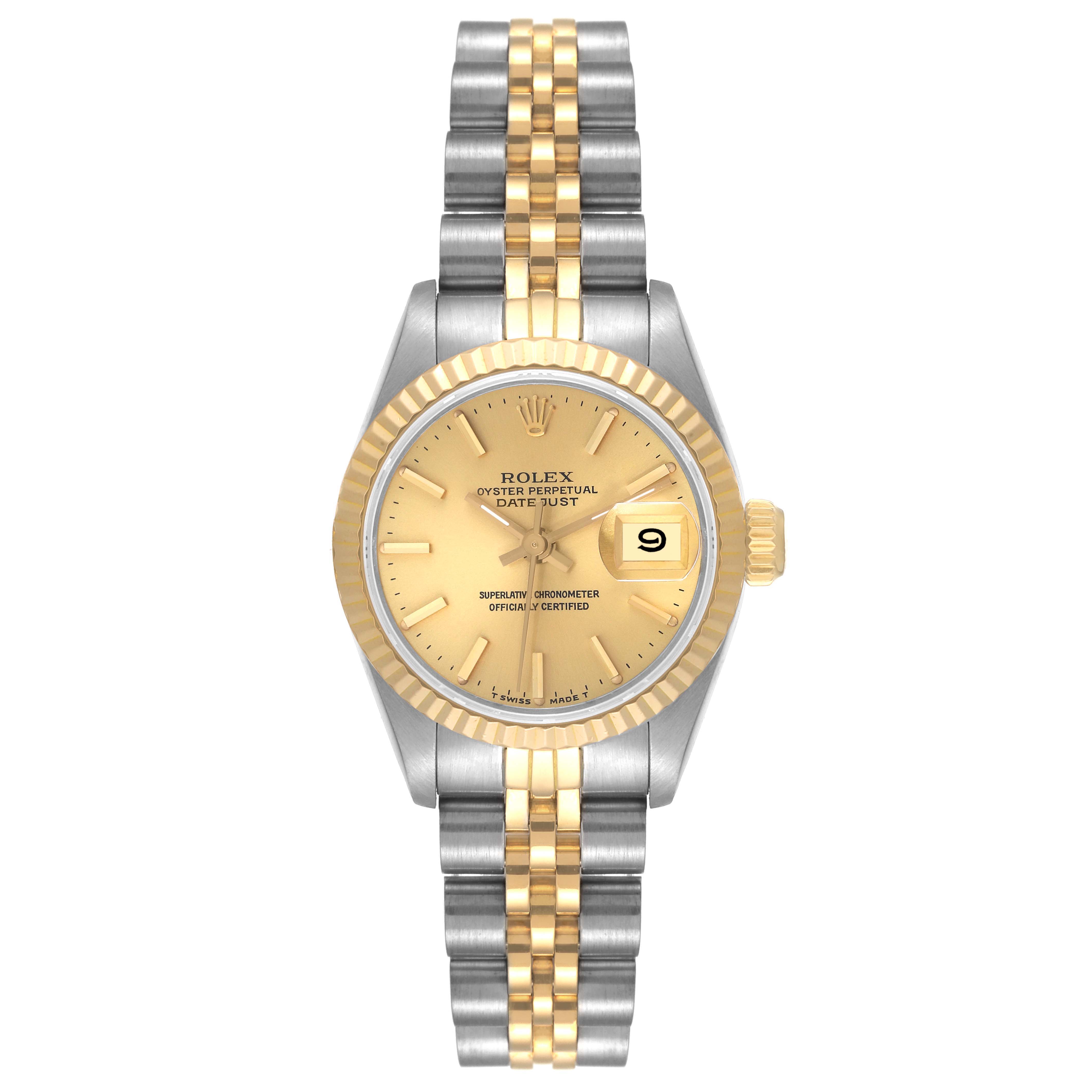 The Rolex Datejust 69173 Women's Steel and Gold (two tone) Champagne Dial 69173 Women's Steel and Gold (two tone) Champagne Dial model watch is shown from a front angle, displaying its dial, bezel, case, and two-tone bracelet.
