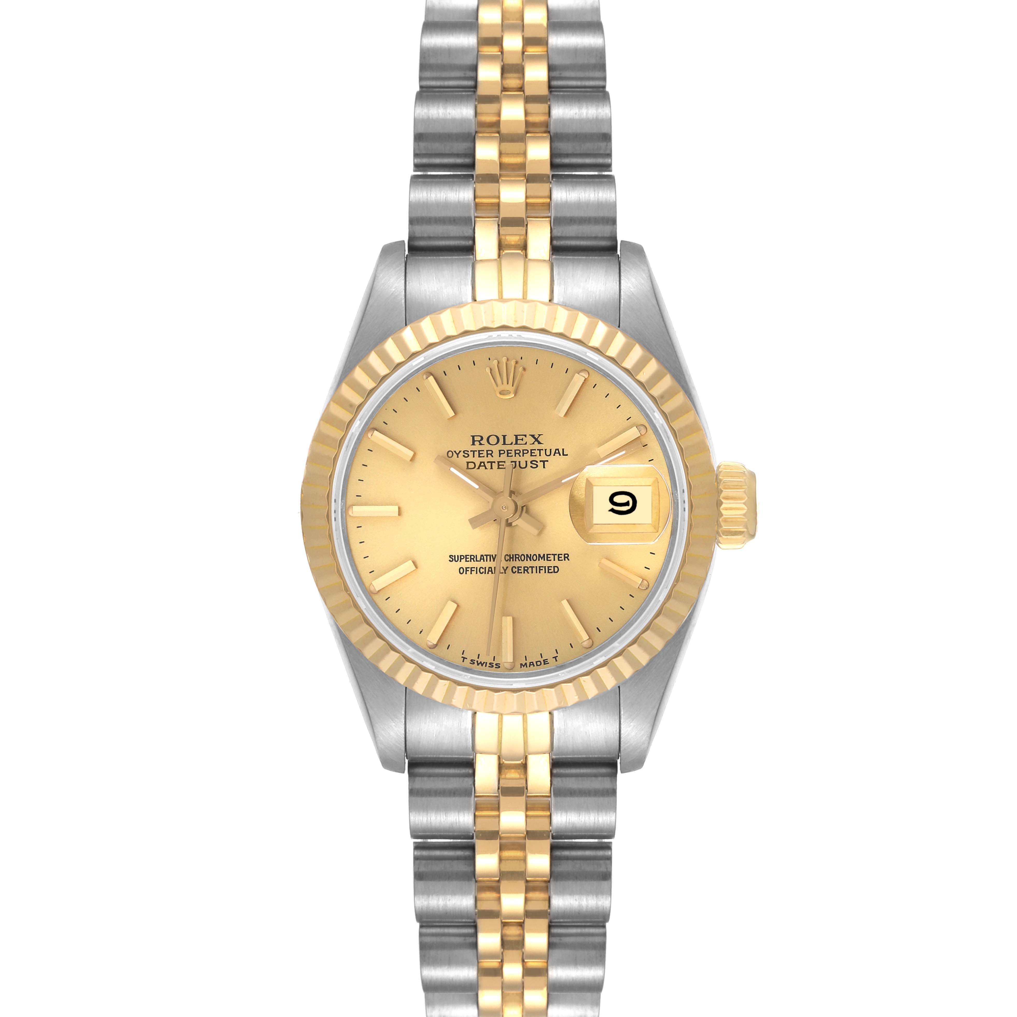 This image shows a front view of a Rolex Datejust 69173 Women's Steel and Gold (two tone) Champagne Dial 69173 Women's Steel and Gold (two tone) Champagne Dial watch, highlighting the yellow-gold dial, fluted bezel, and two-tone bracelet.