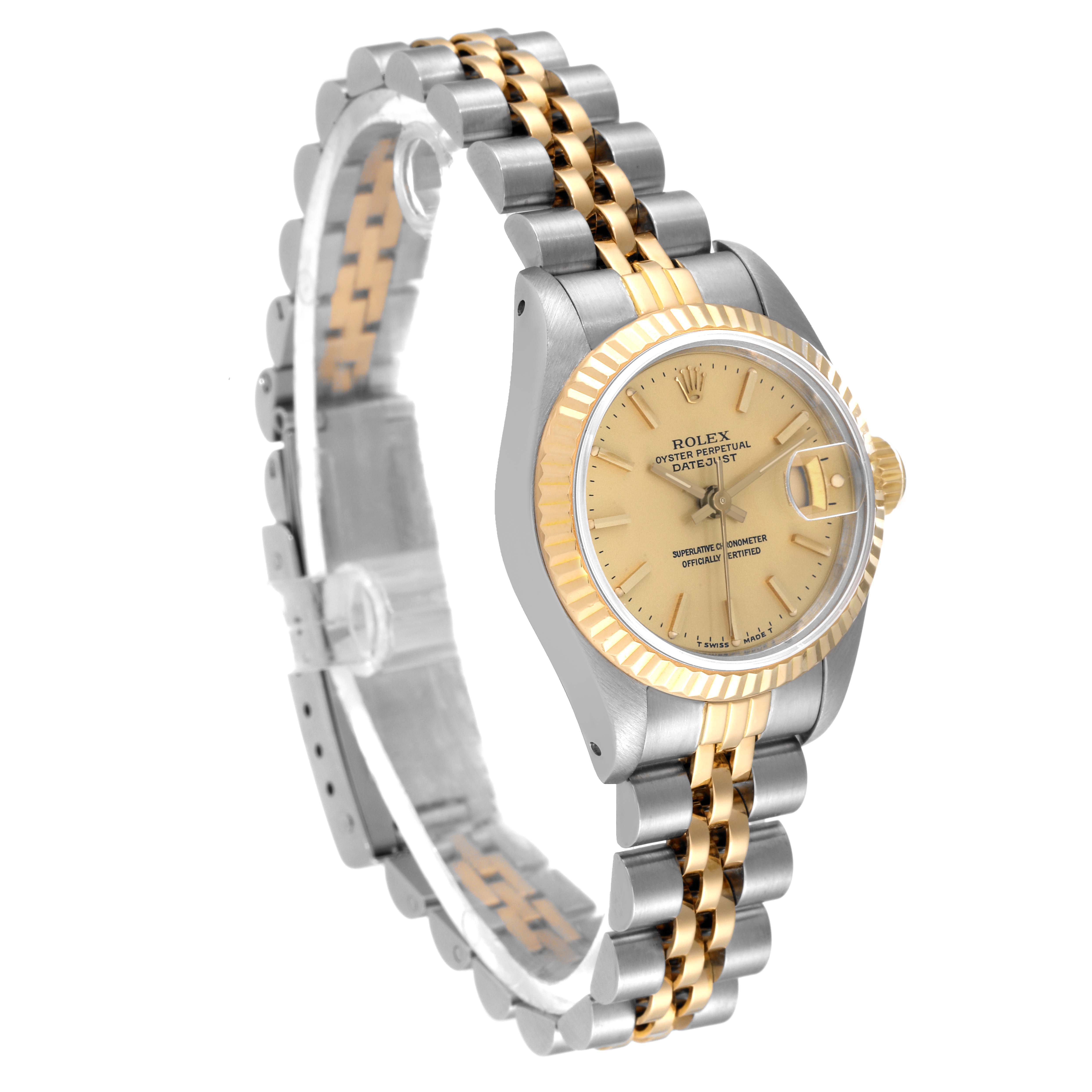The image shows a side angle view of a Rolex Datejust 69173 Women's Steel and Gold (two tone) Champagne Dial 69173 Women's Steel and Gold (two tone) Champagne Dial watch showcasing its face, case, and Jubilee bracelet.
