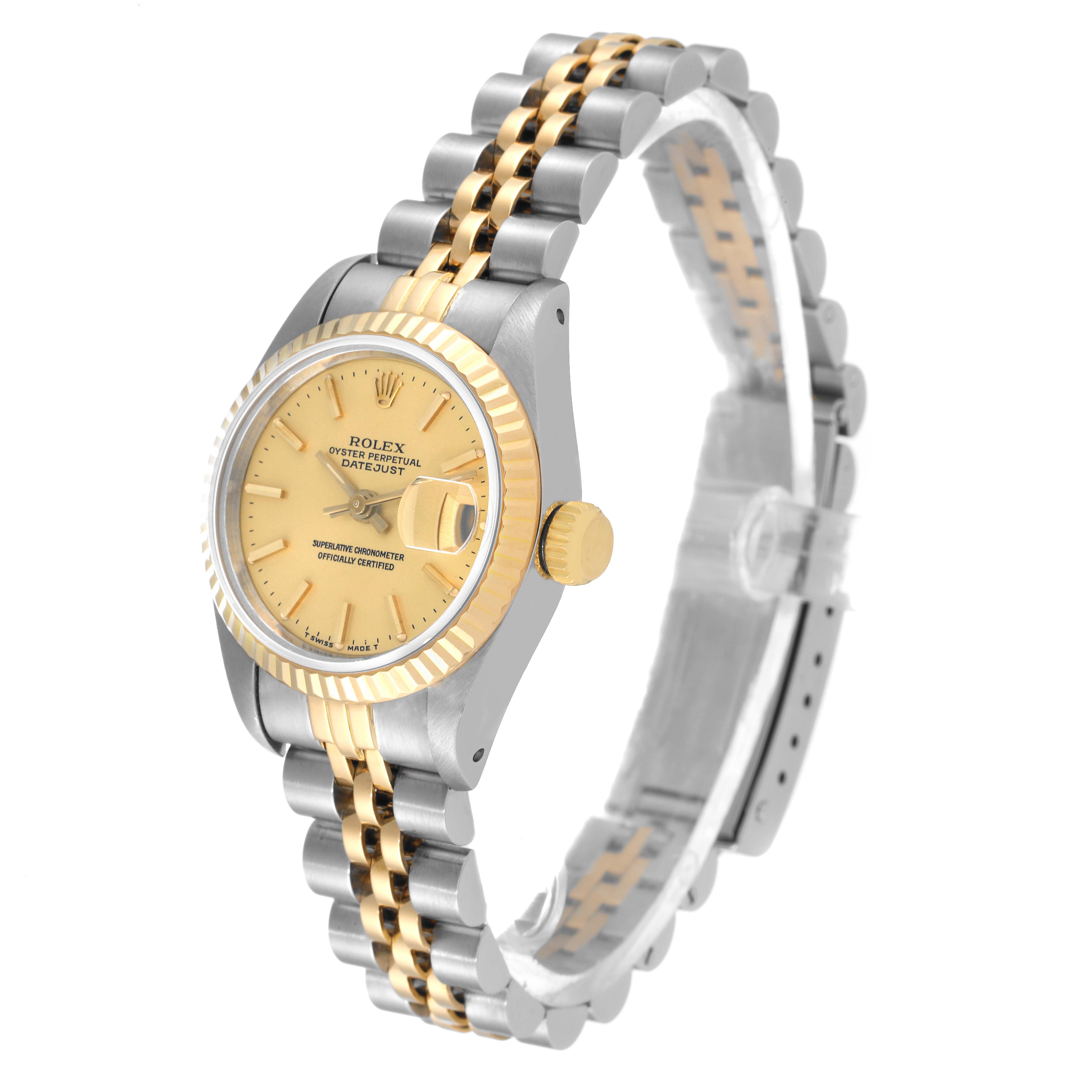 The image shows a Rolex Datejust 69173 Women's Steel and Gold (two tone) Champagne Dial 69173 Women's Steel and Gold (two tone) Champagne Dial watch at a 3/4 angle, highlighting its gold dial, bezel, crown, and two-tone bracelet.