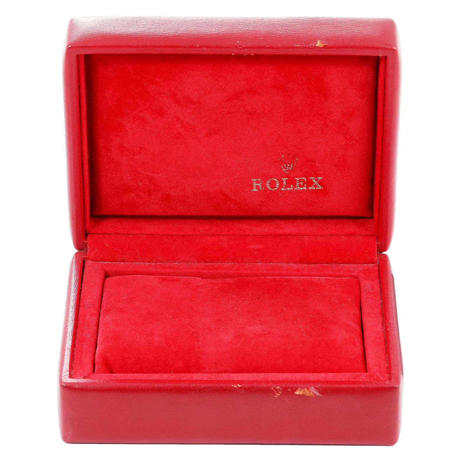 This image shows an open red Rolex box used for the Datejust model, with the inner cushion and Rolex logo visible.