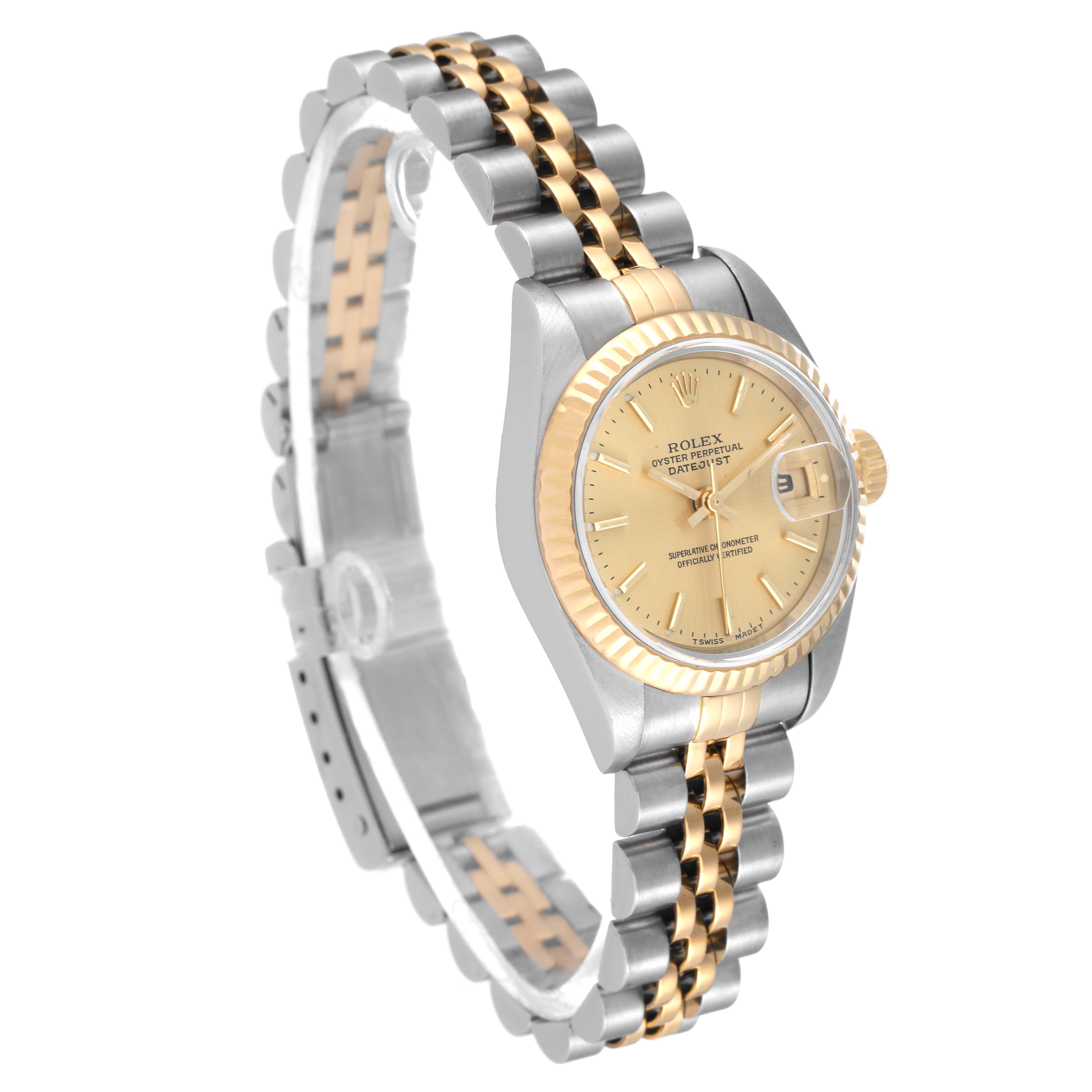 This image shows a Rolex Datejust 69173 Women
s Steel and Gold (two tone) Champagne Dial 69173 Women
s Steel and Gold (two tone) Champagne Dial watch at an angle, highlighting the bezel, dial, bracelet, and side profile.