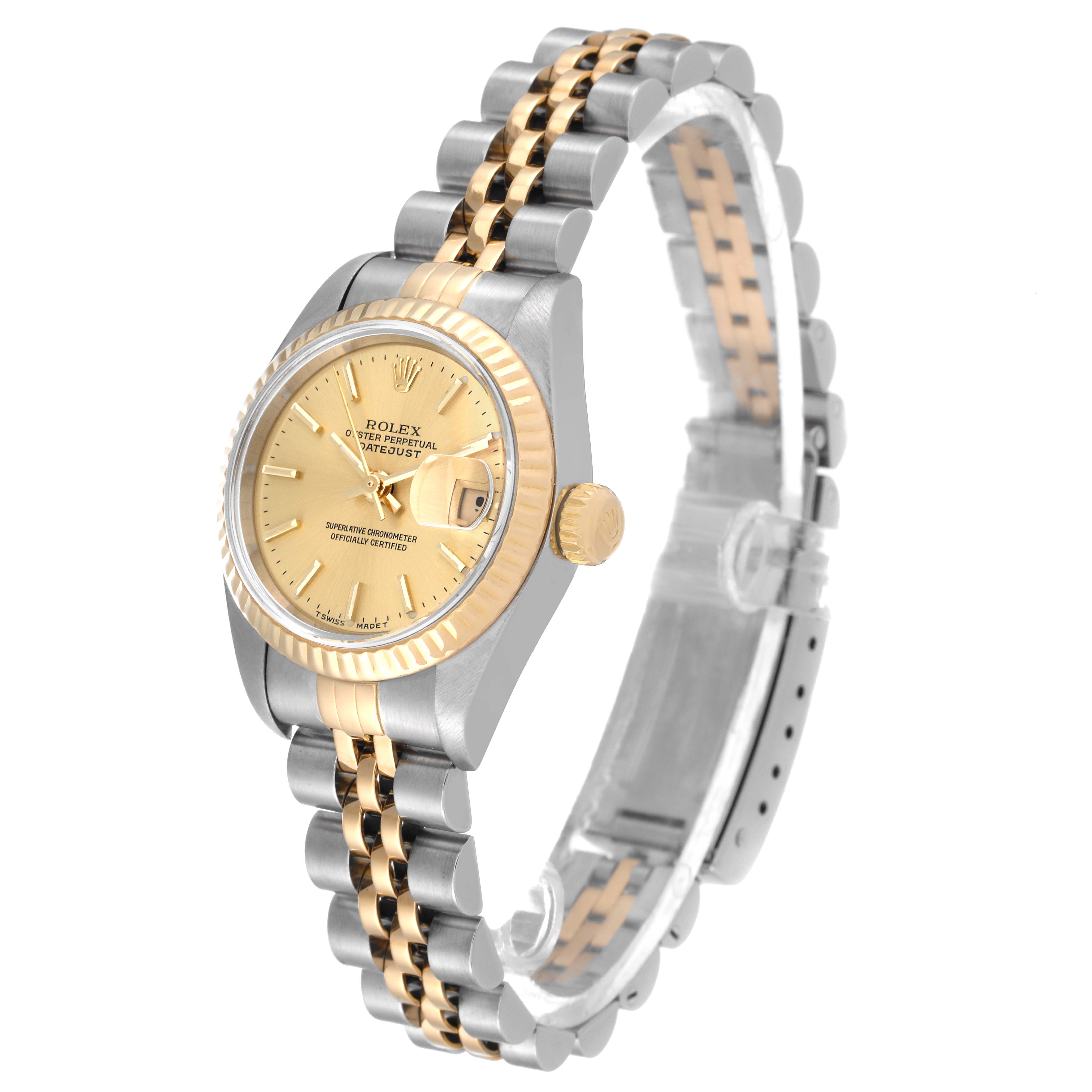 The image shows a Rolex Datejust 69173 Women
s Steel and Gold (two tone) Champagne Dial 69173 Women
s Steel and Gold (two tone) Champagne Dial watch from a side angle, displaying its gold and silver Jubilee bracelet and golden dial.