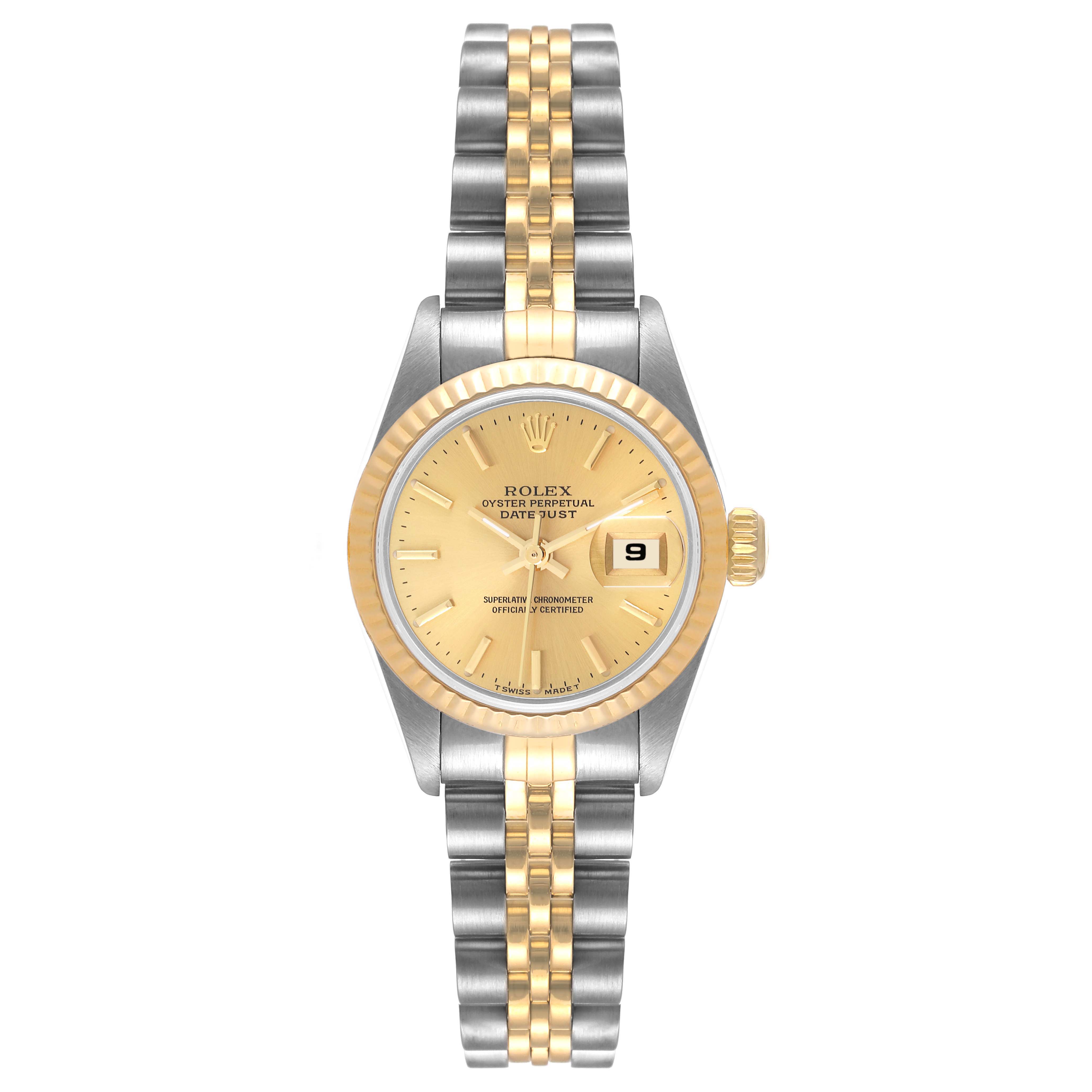 This image shows a front view of the Rolex Datejust 69173 Women
s Steel and Gold (two tone) Champagne Dial 69173 Women
s Steel and Gold (two tone) Champagne Dial watch, highlighting its dial, bezel, and two-tone bracelet.