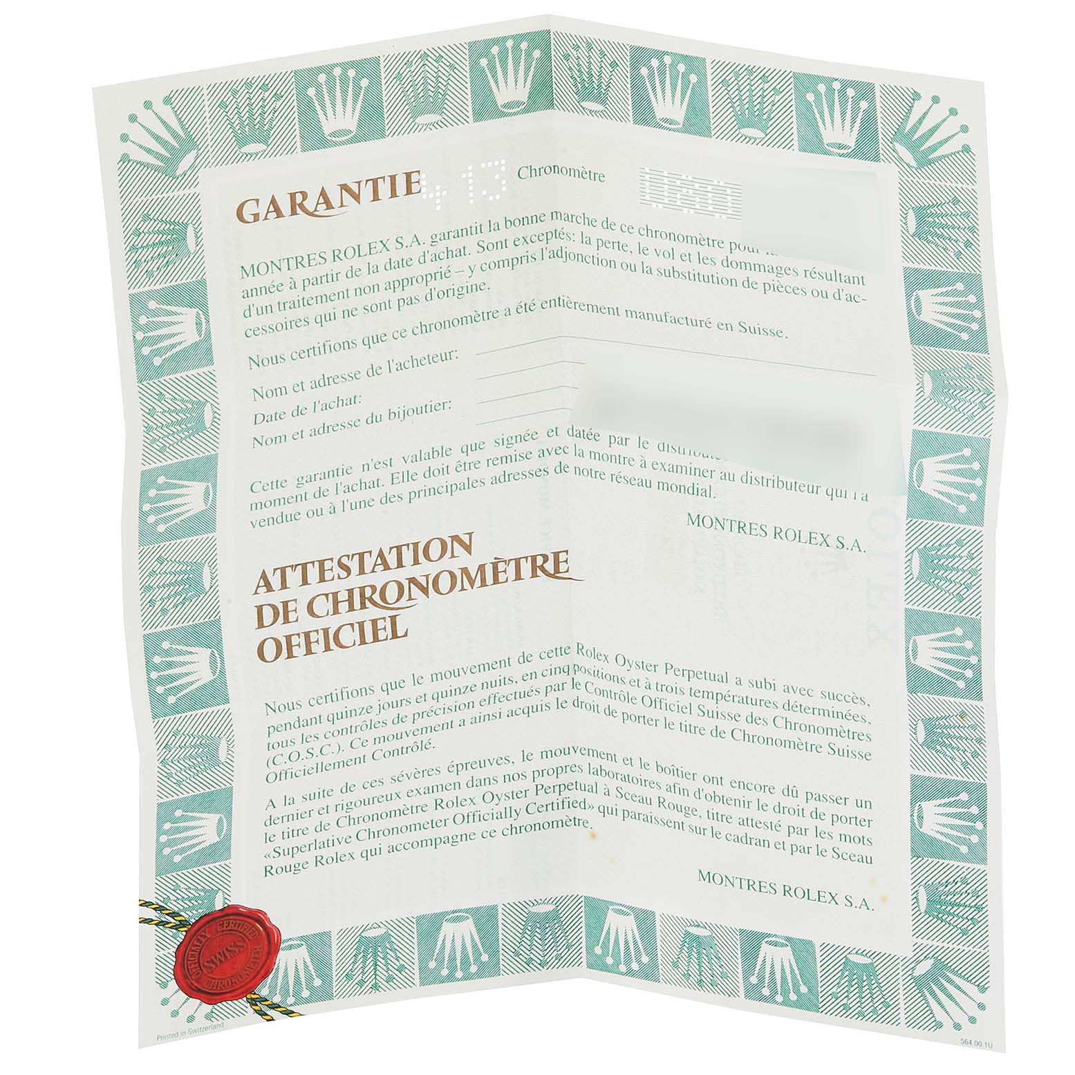 The image shows the warranty and official chronometer certification paper for the Rolex Datejust 69173 Women
s Steel and Gold (two tone) Champagne Dial 69173 Women
s Steel and Gold (two tone) Champagne Dial watch.