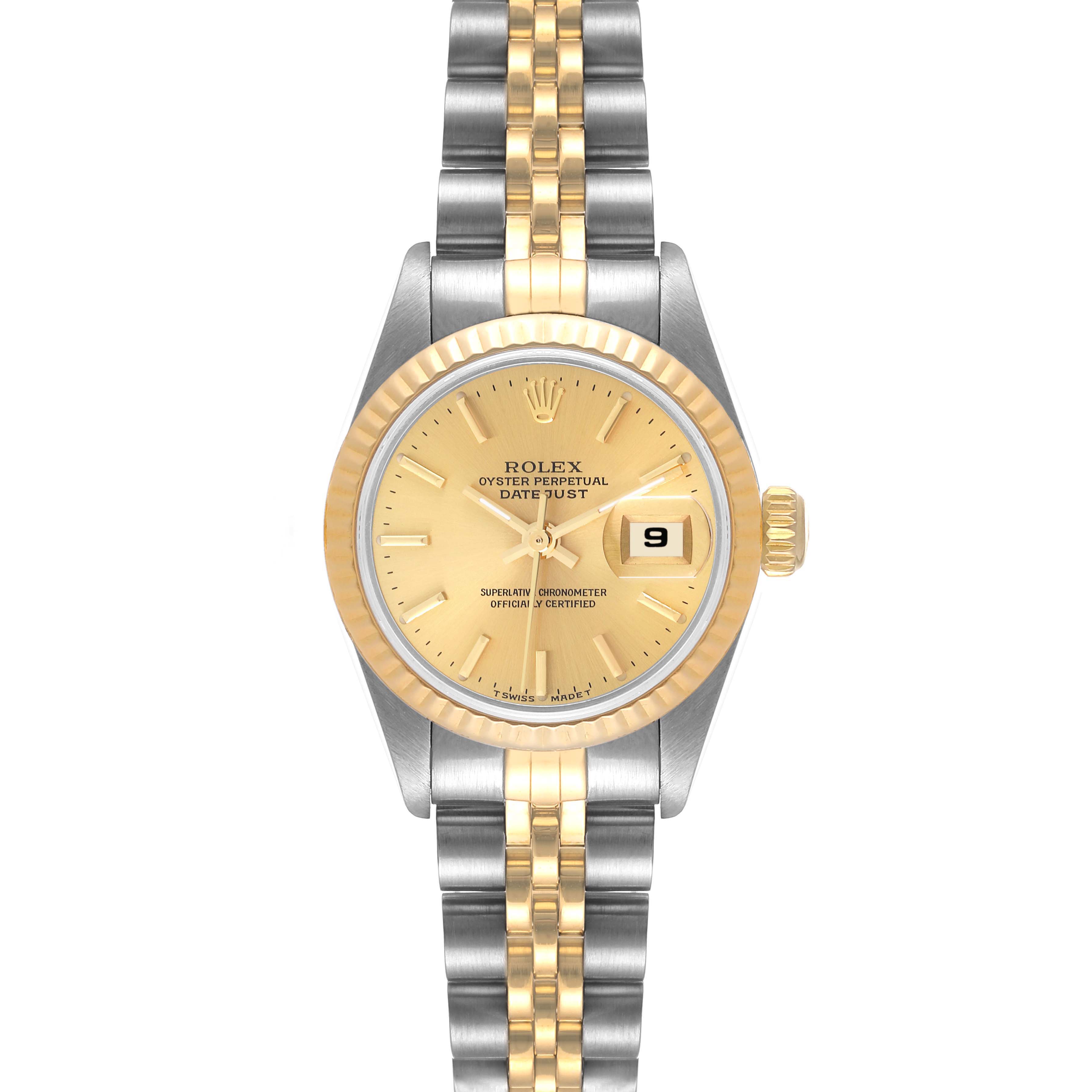 The image shows a front view of a Rolex Datejust 69173 Women
s Steel and Gold (two tone) Champagne Dial 69173 Women
s Steel and Gold (two tone) Champagne Dial watch, highlighting its two-tone bracelet, gold dial, and fluted bezel.