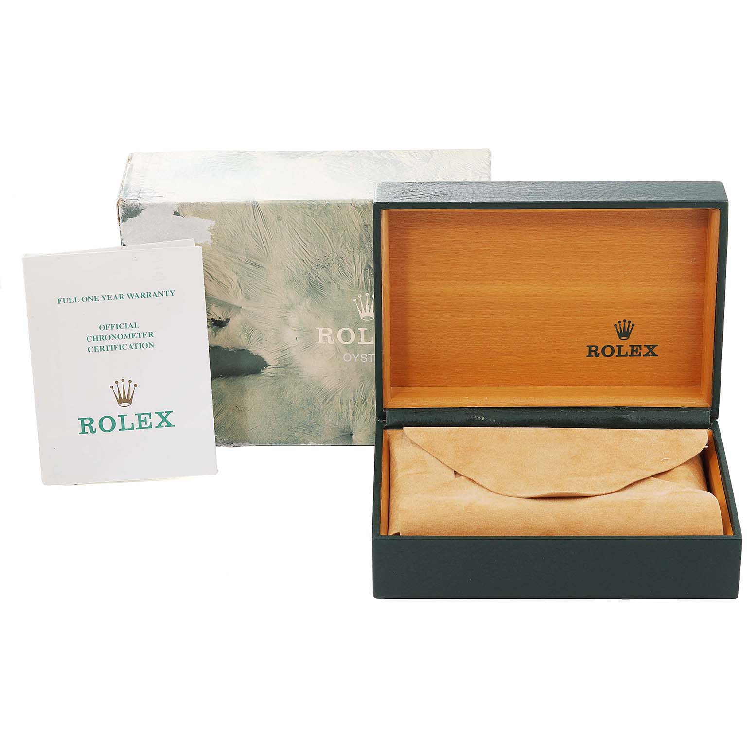 The image shows packaging and accessories for a Rolex Datejust 16233 Men's Steel and Gold (two tone) Beige Dial 16233 Men's Steel and Gold (two tone) Beige Dial watch, including the box, warranty card, and a pouch.