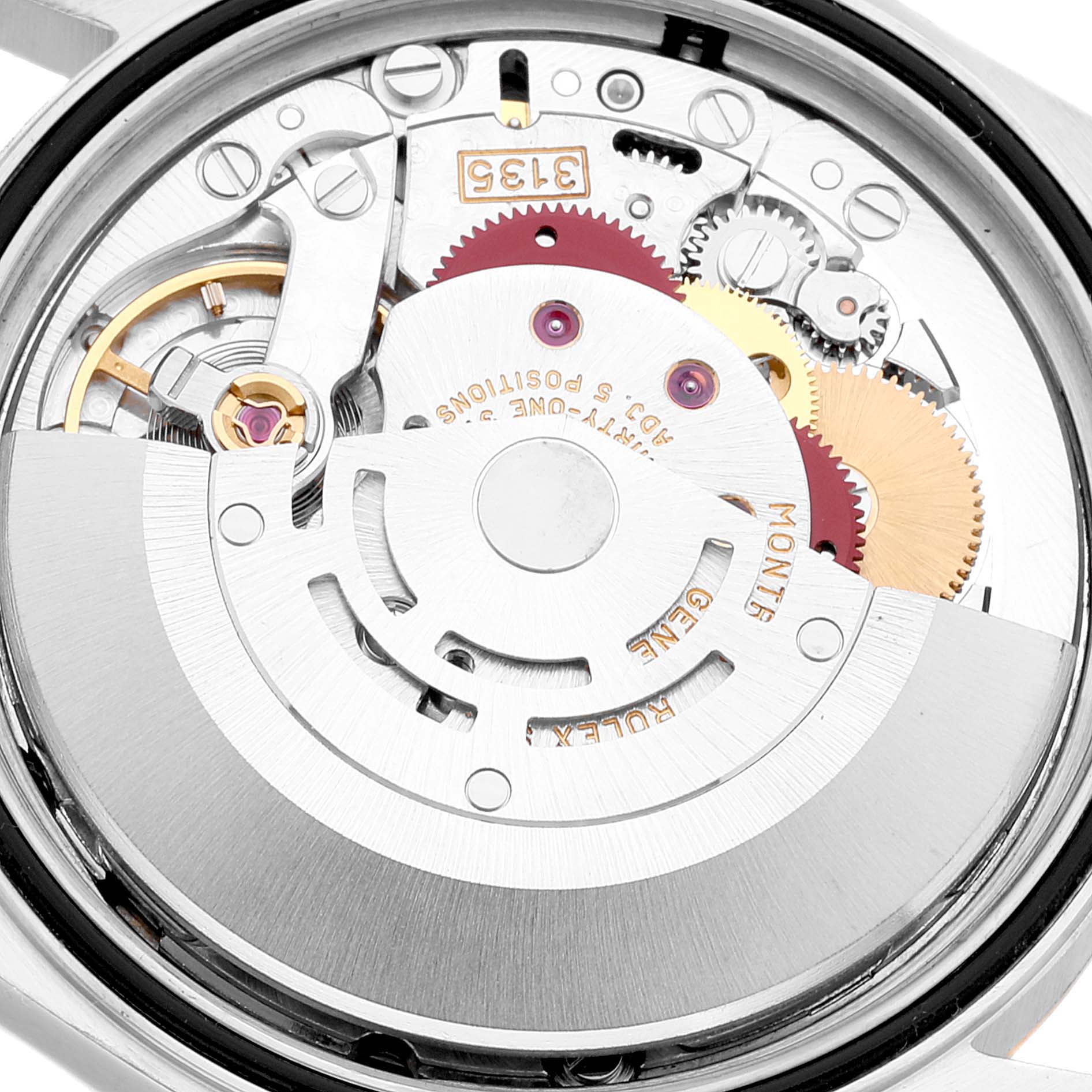 The image shows the internal movement mechanism of a Rolex Datejust 16233 Men's Steel and Gold (two tone) Beige Dial 16233 Men's Steel and Gold (two tone) Beige Dial watch from a top-down angle.