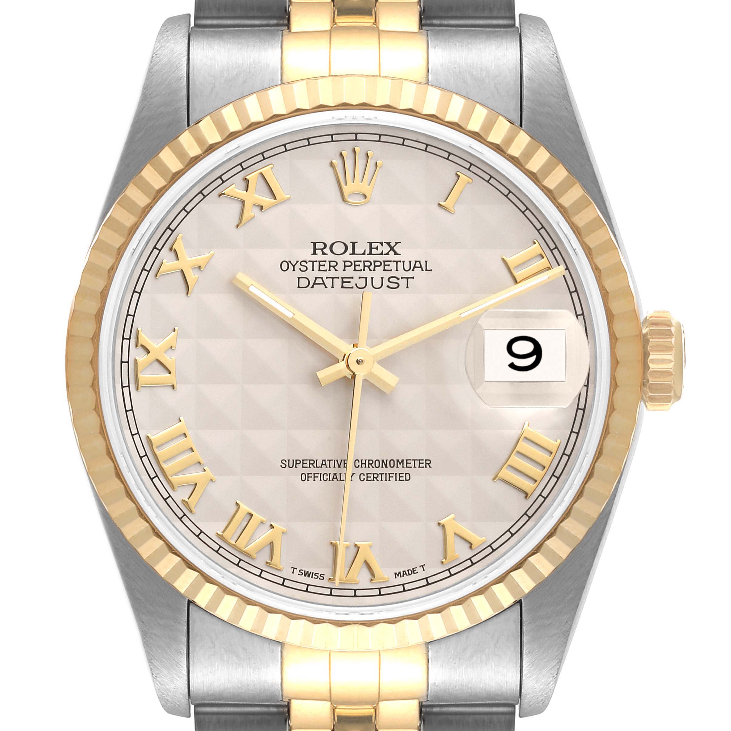 The image shows a Rolex Datejust 16233 Men's Steel and Gold (two tone) Beige Dial 16233 Men's Steel and Gold (two tone) Beige Dial watch from a front angle, highlighting the dial, bezel, crown, and part of the bracelet.