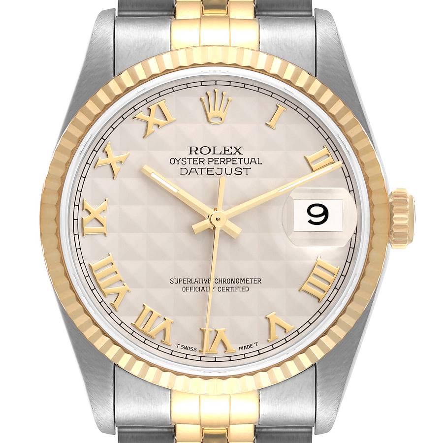 Rolex Datejust Steel Yellow Gold Pyramid Roman Dial Mens Watch 16233 Box Papers SwissWatchExpo