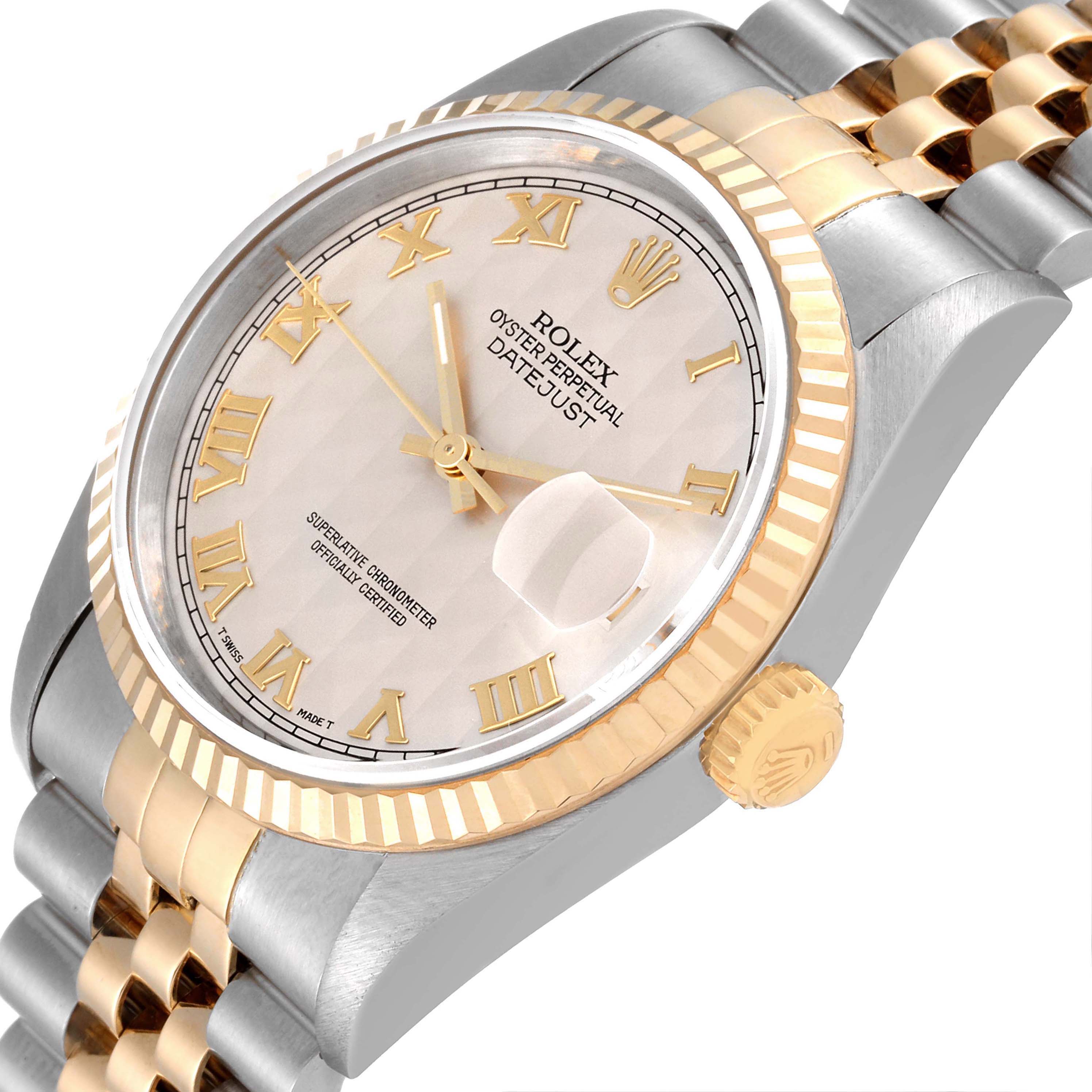 The image shows a side angle of the Rolex Datejust 16233 Men's Steel and Gold (two tone) Beige Dial 16233 Men's Steel and Gold (two tone) Beige Dial watch, highlighting the bezel, dial, crown, and part of the bracelet.