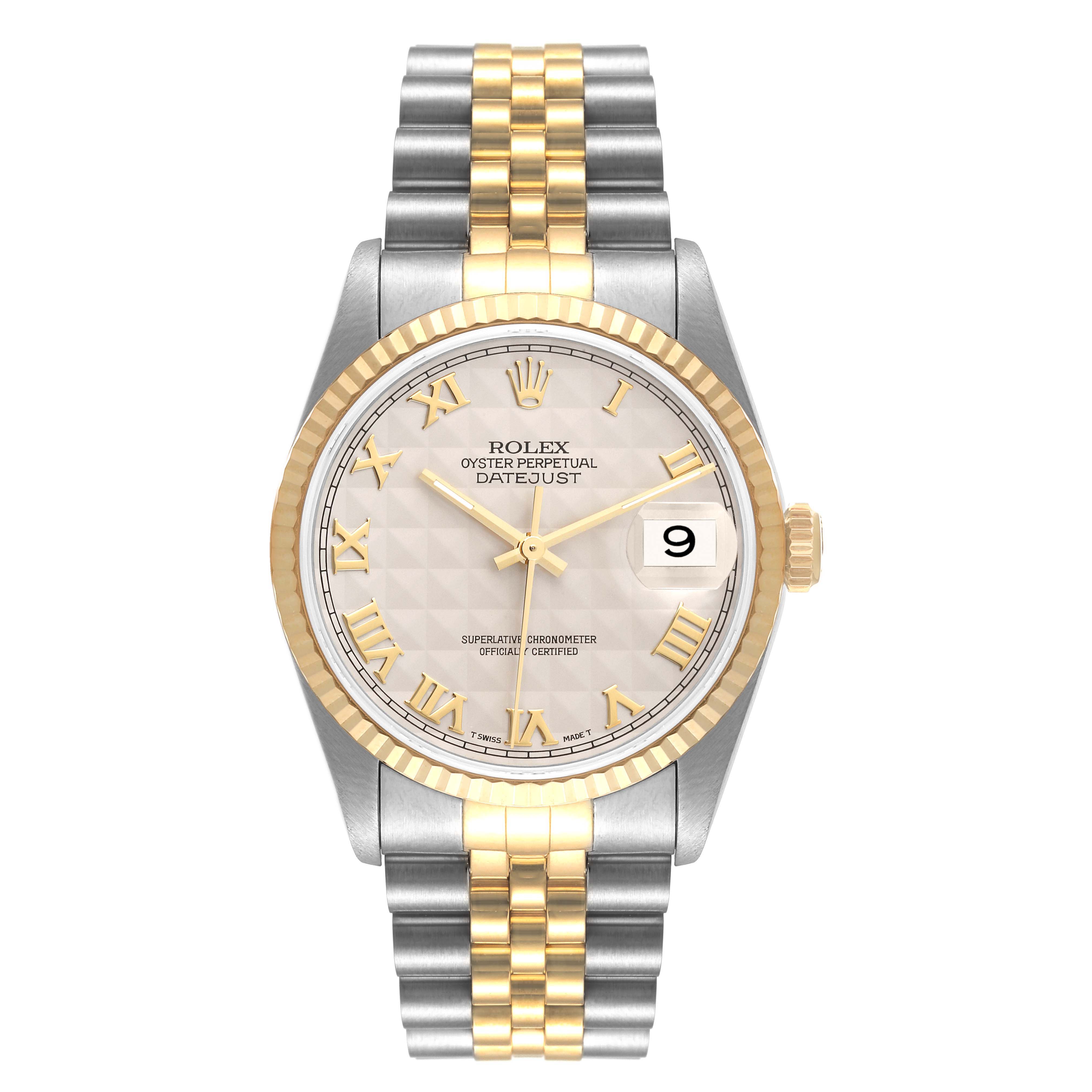 This image shows a front view of the Rolex Datejust 16233 Men's Steel and Gold (two tone) Beige Dial 16233 Men's Steel and Gold (two tone) Beige Dial watch, highlighting its face, bezel, and two-tone bracelet.