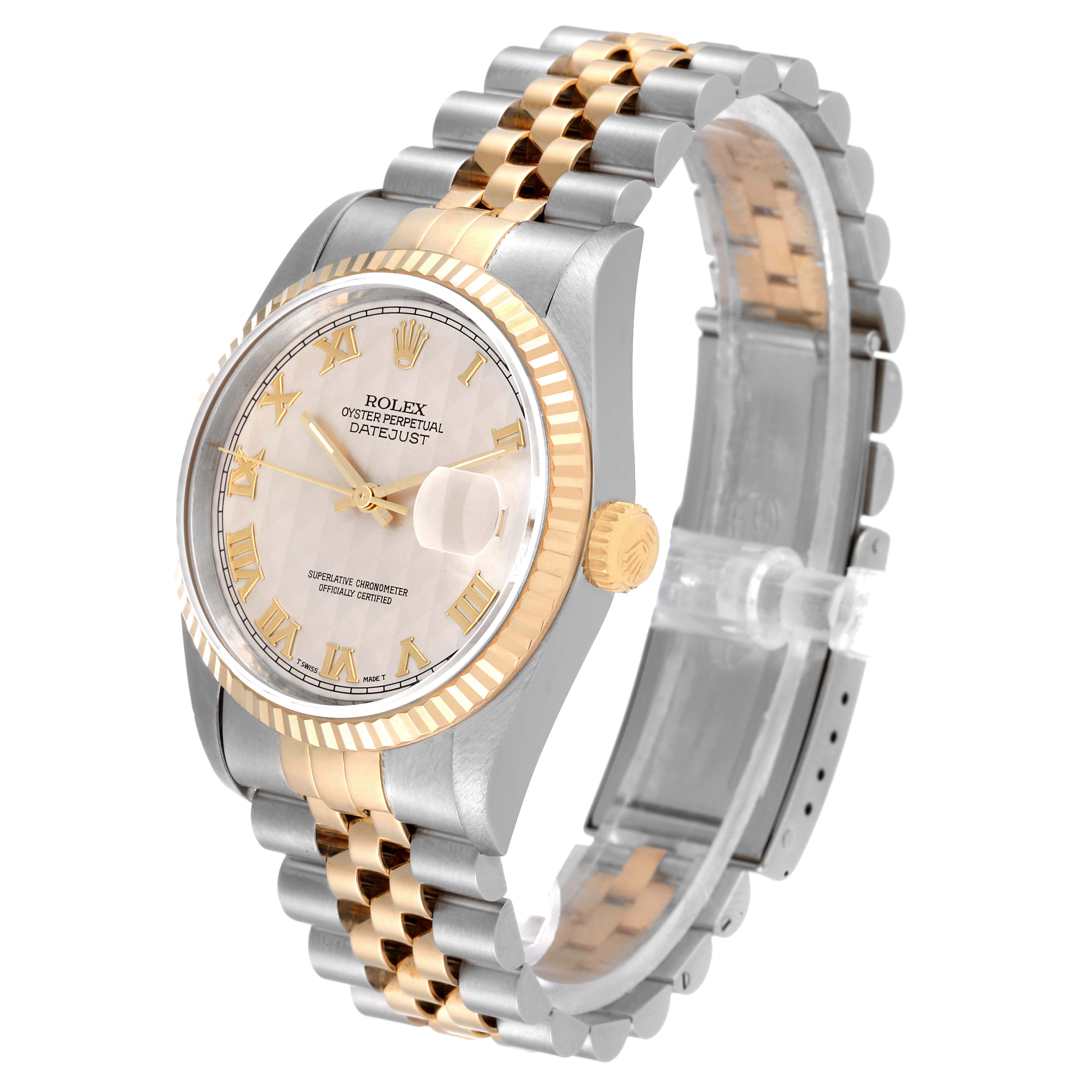 The Rolex Datejust 16233 Men's Steel and Gold (two tone) Beige Dial 16233 Men's Steel and Gold (two tone) Beige Dial watch is shown at a slight angle, displaying its face, bezel, crown, and two-tone bracelet.