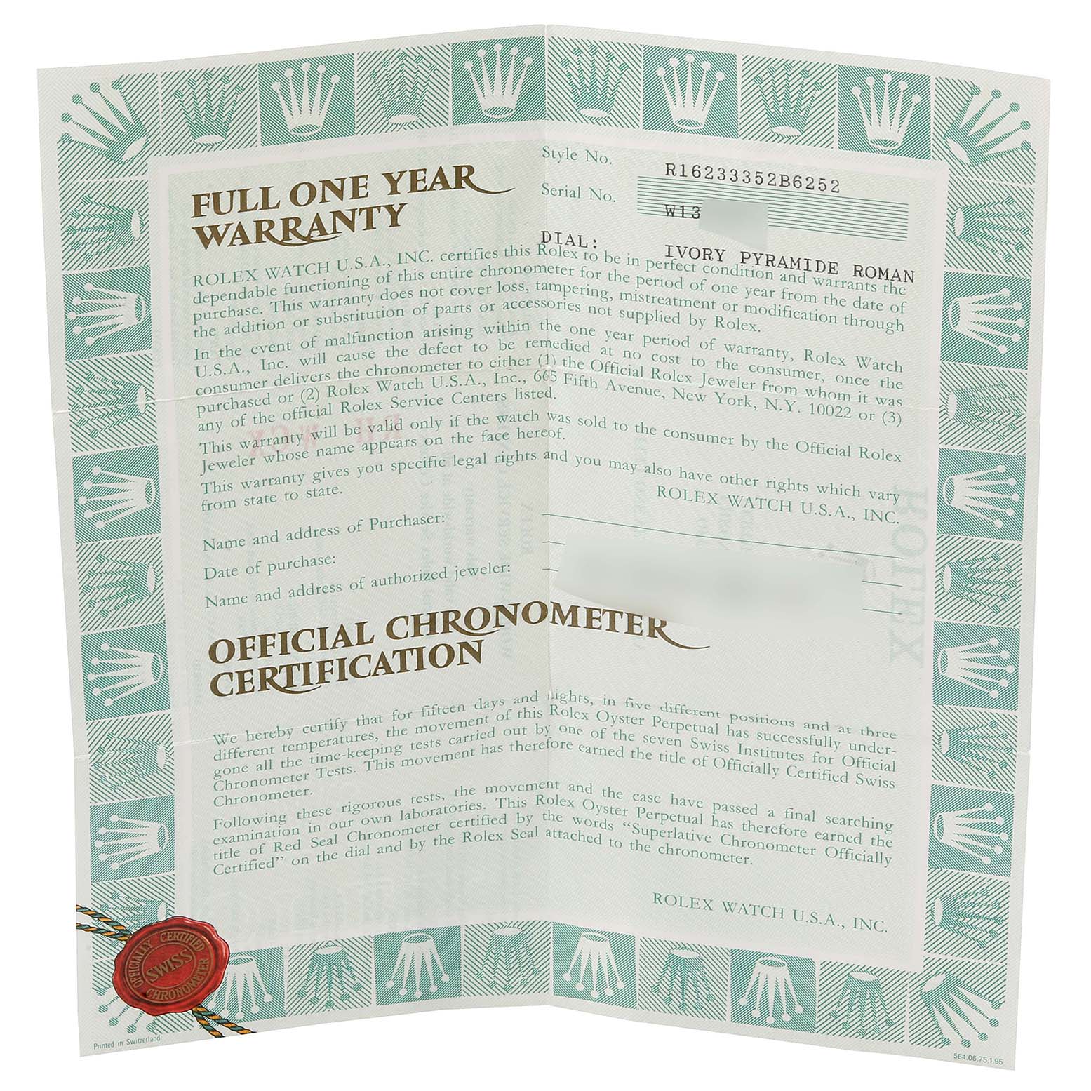 This is an official warranty and chronometer certification document for a Rolex Datejust 16233 Men's Steel and Gold (two tone) Beige Dial 16233 Men's Steel and Gold (two tone) Beige Dial model.