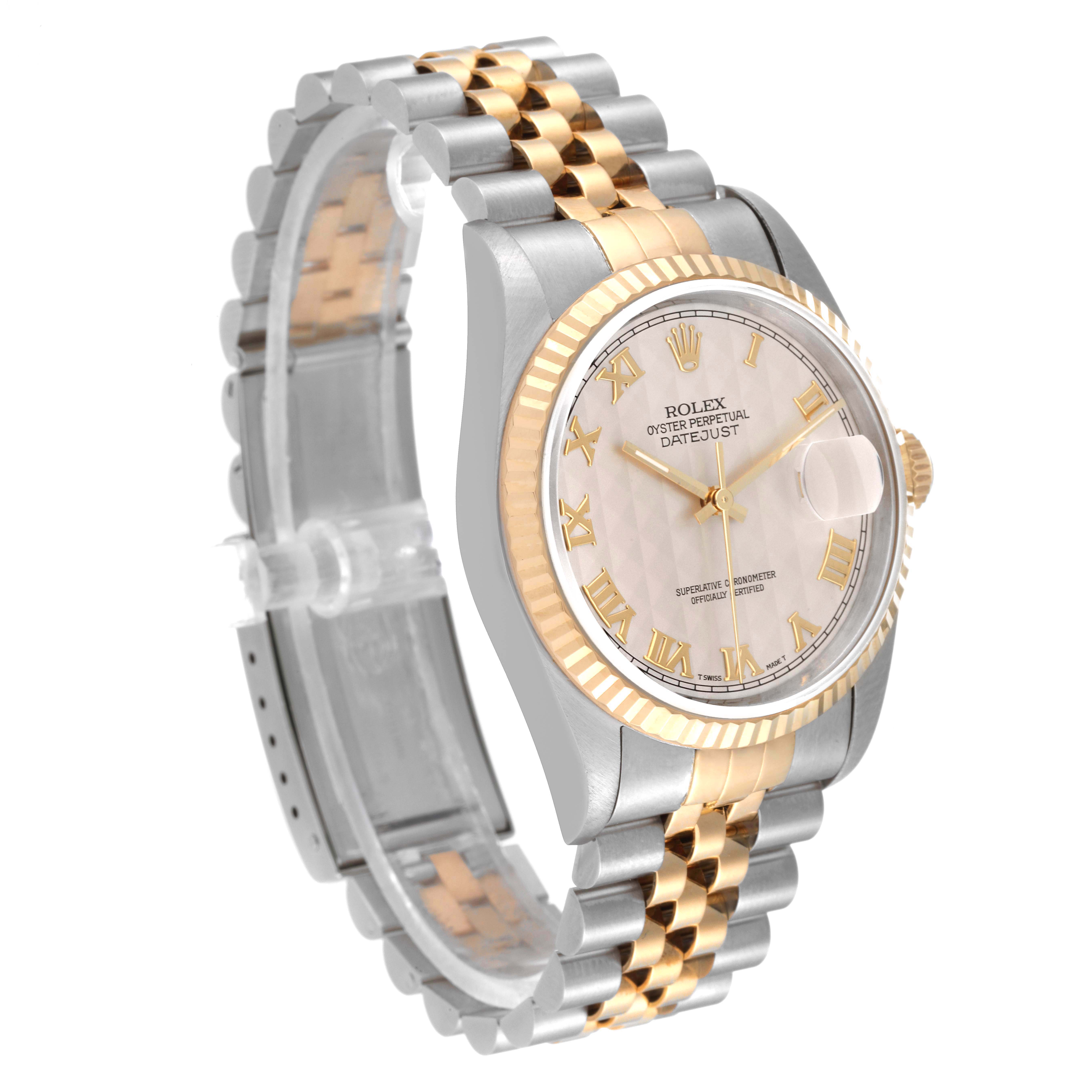 The Rolex Datejust 16233 Men's Steel and Gold (two tone) Beige Dial 16233 Men's Steel and Gold (two tone) Beige Dial watch is shown from an angled side view, showcasing the face, bezel, and part of the band.