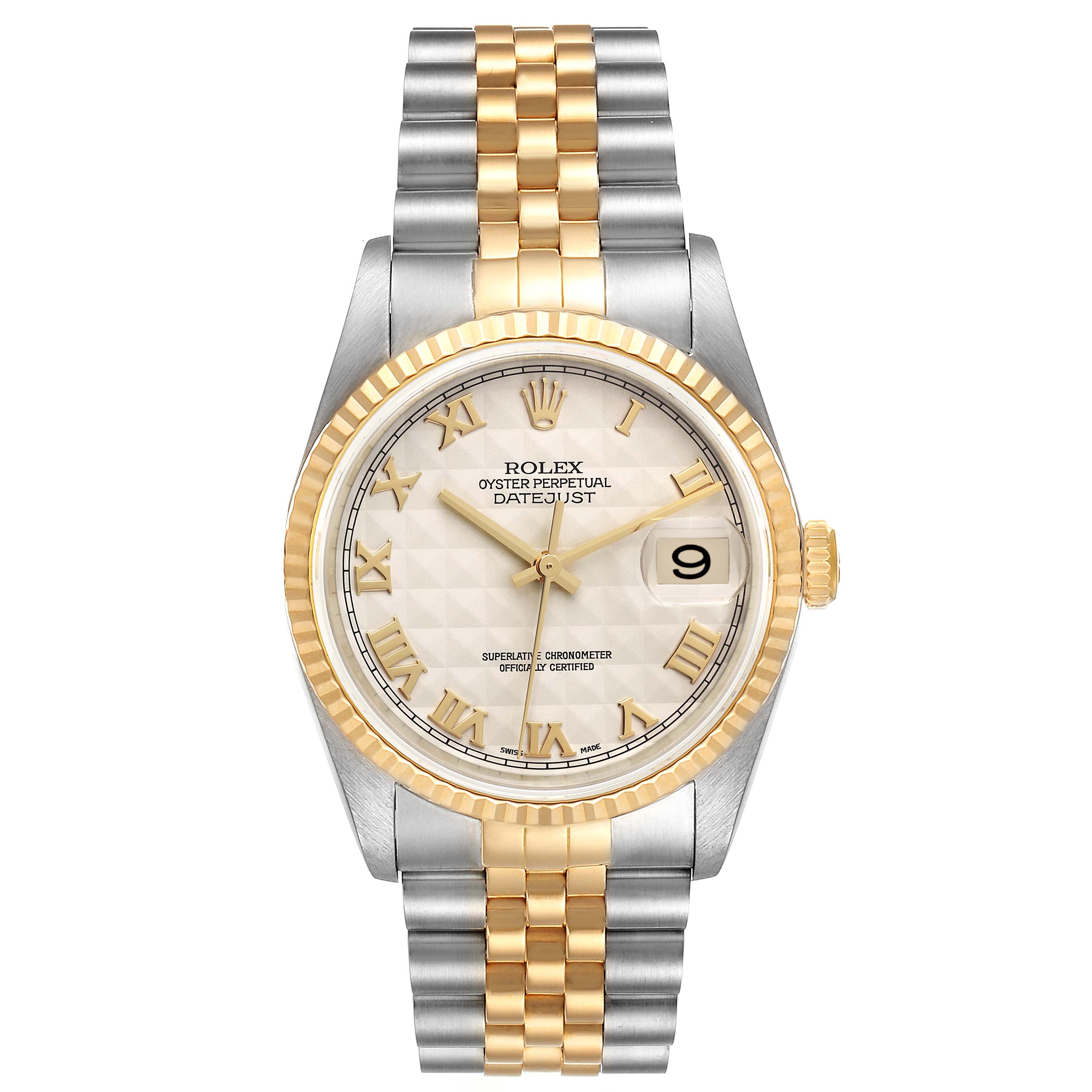 The image shows a front view of a Rolex Datejust 16233 Men's Steel and Gold (two tone) Beige Dial 16233 Men's Steel and Gold (two tone) Beige Dial watch, showcasing its face, bezel, crown, and Jubilee bracelet.