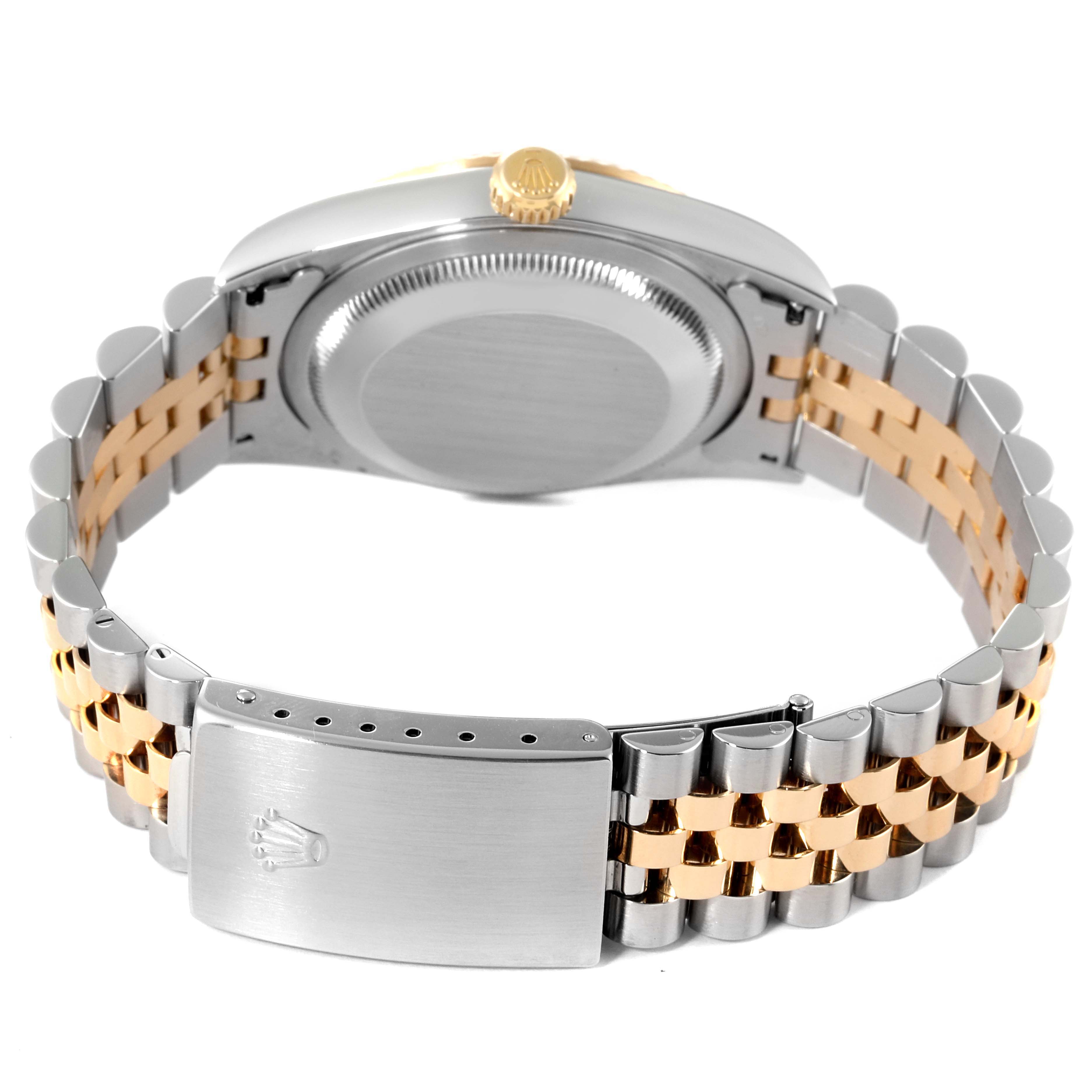 The image shows the back view of a two-tone Rolex Datejust 16233 Men's Steel and Gold (two tone) Beige Dial 16233 Men's Steel and Gold (two tone) Beige Dial watch, highlighting the case back, crown, and jubilee bracelet with clasp.