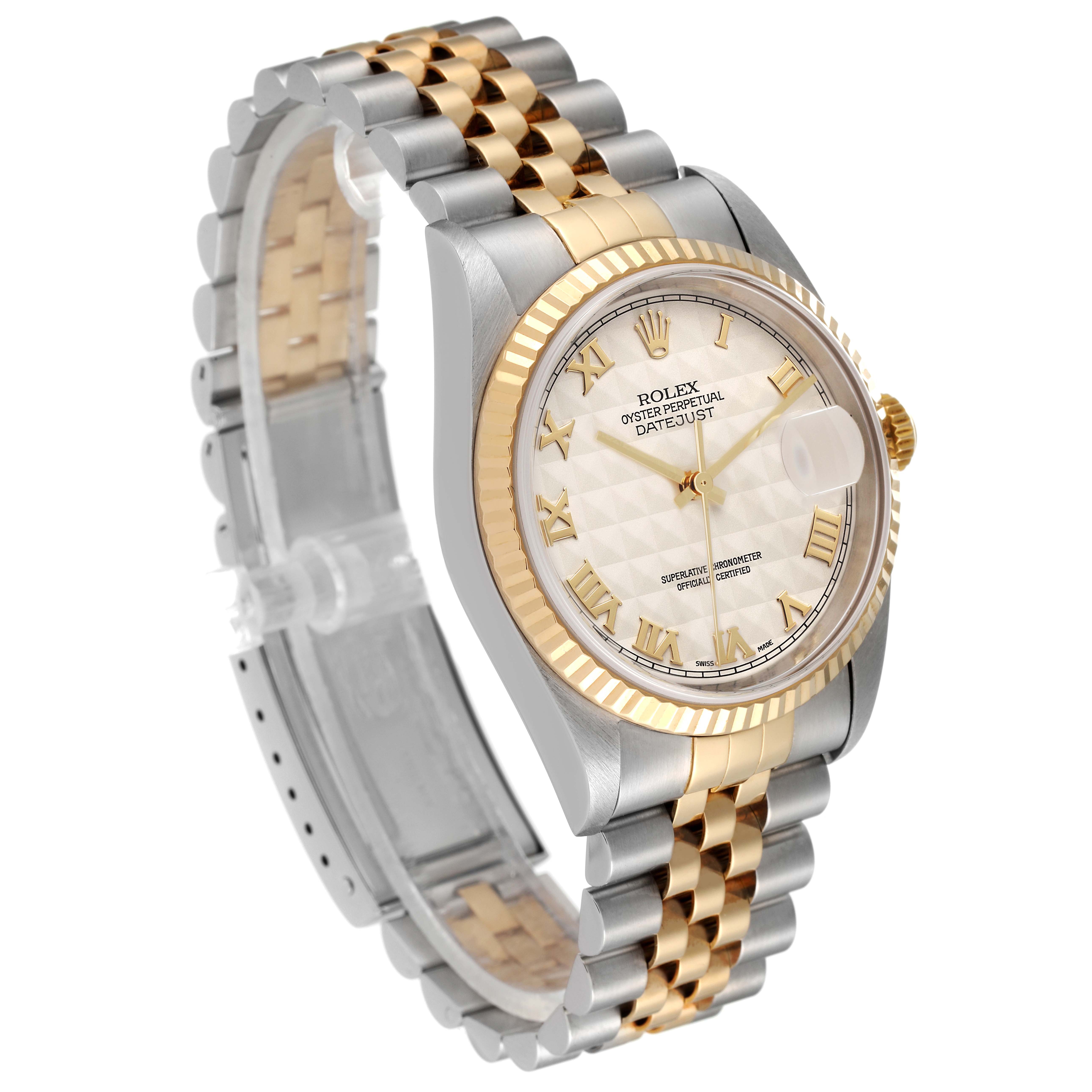 The Rolex Datejust 16233 Men's Steel and Gold (two tone) Beige Dial 16233 Men's Steel and Gold (two tone) Beige Dial is shown at a three-quarter angle, highlighting its two-tone band, fluted bezel, and Roman numeral dial.