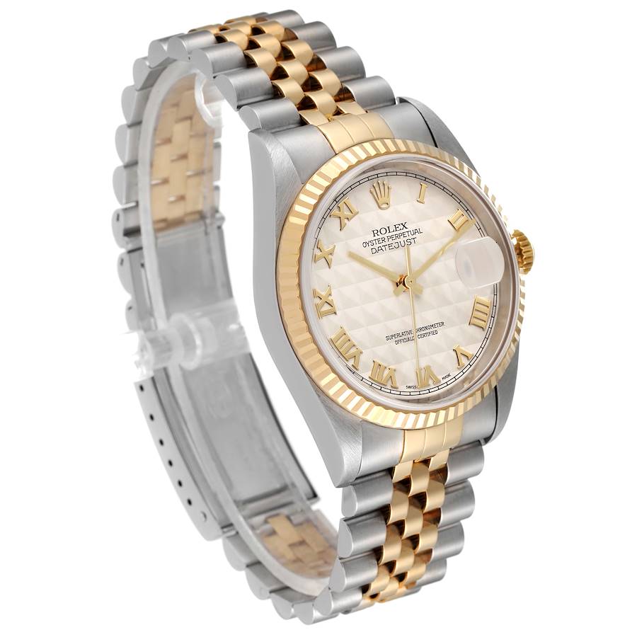 Rolex Datejust Steel Yellow Gold Pyramid Roman Dial Mens Watch