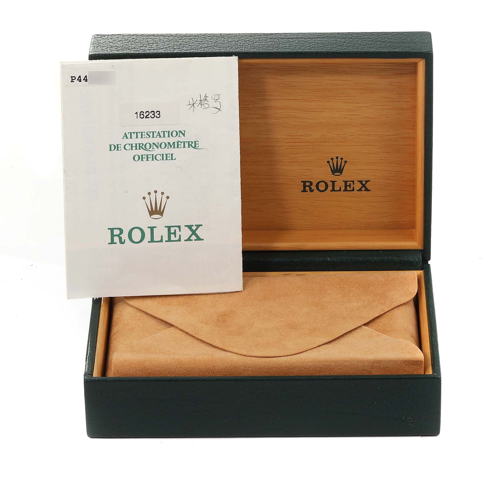 The image shows the box and certificate for a Rolex Datejust 16233 Men's Steel and Gold (two tone) Beige Dial 16233 Men's Steel and Gold (two tone) Beige Dial model, with the box open and the certificate placed beside it.