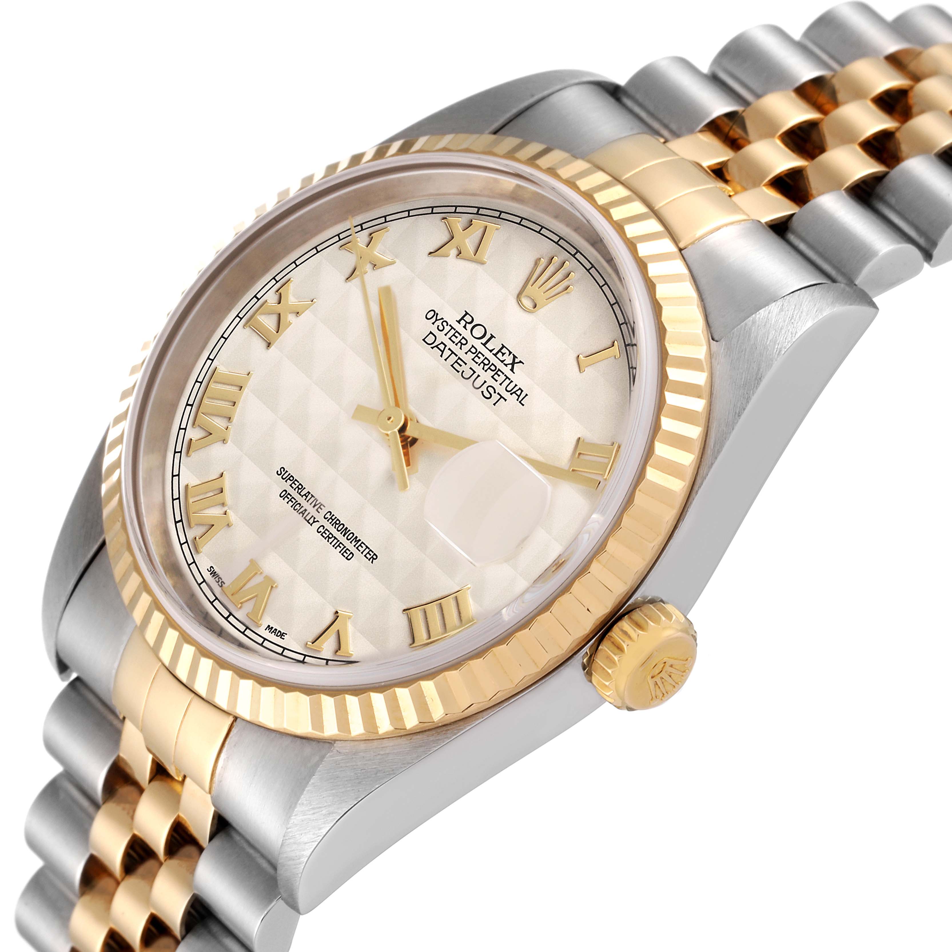 This image shows a close-up angle of the Rolex Datejust 16233 Men's Steel and Gold (two tone) Beige Dial 16233 Men's Steel and Gold (two tone) Beige Dial watch, highlighting its dial, bezel, crown, and part of the bracelet.