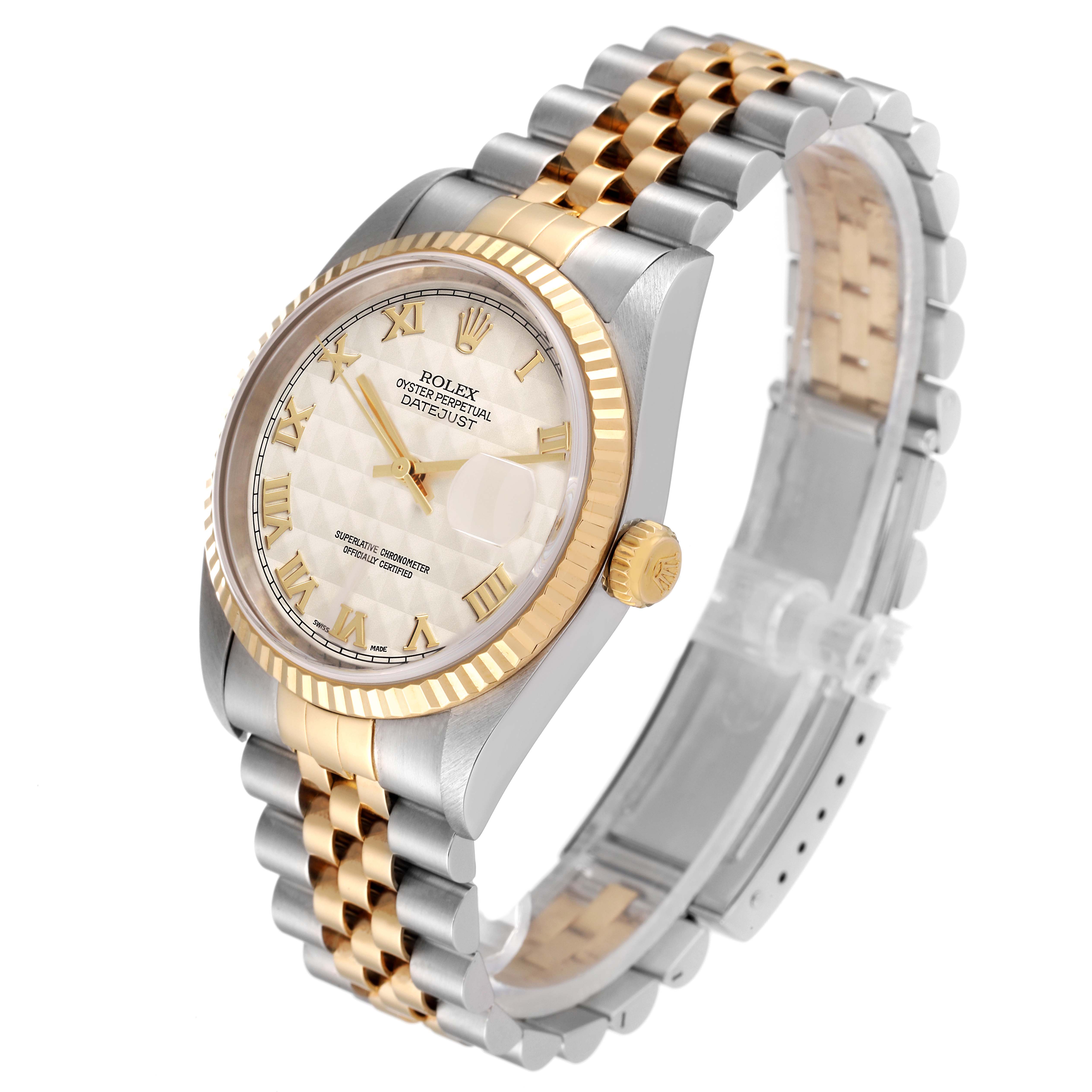 The Rolex Datejust 16233 Men's Steel and Gold (two tone) Beige Dial 16233 Men's Steel and Gold (two tone) Beige Dial watch is shown at a three-quarter angle, displaying the face, fluted bezel, crown, and two-tone bracelet.