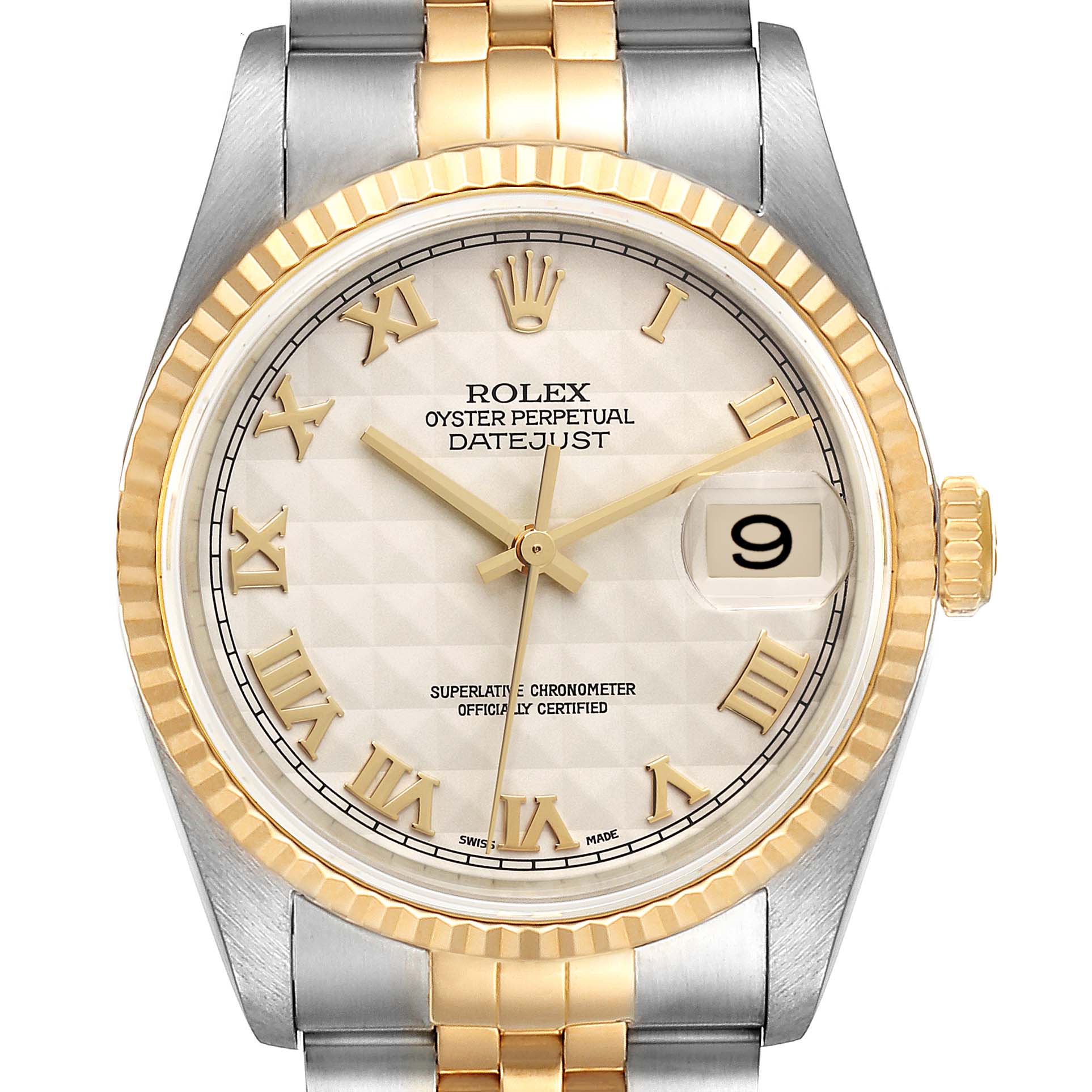 This image shows a frontal view of a Rolex Datejust 16233 Men's Steel and Gold (two tone) Beige Dial 16233 Men's Steel and Gold (two tone) Beige Dial watch highlighting its dial, bezel, and bracelet.