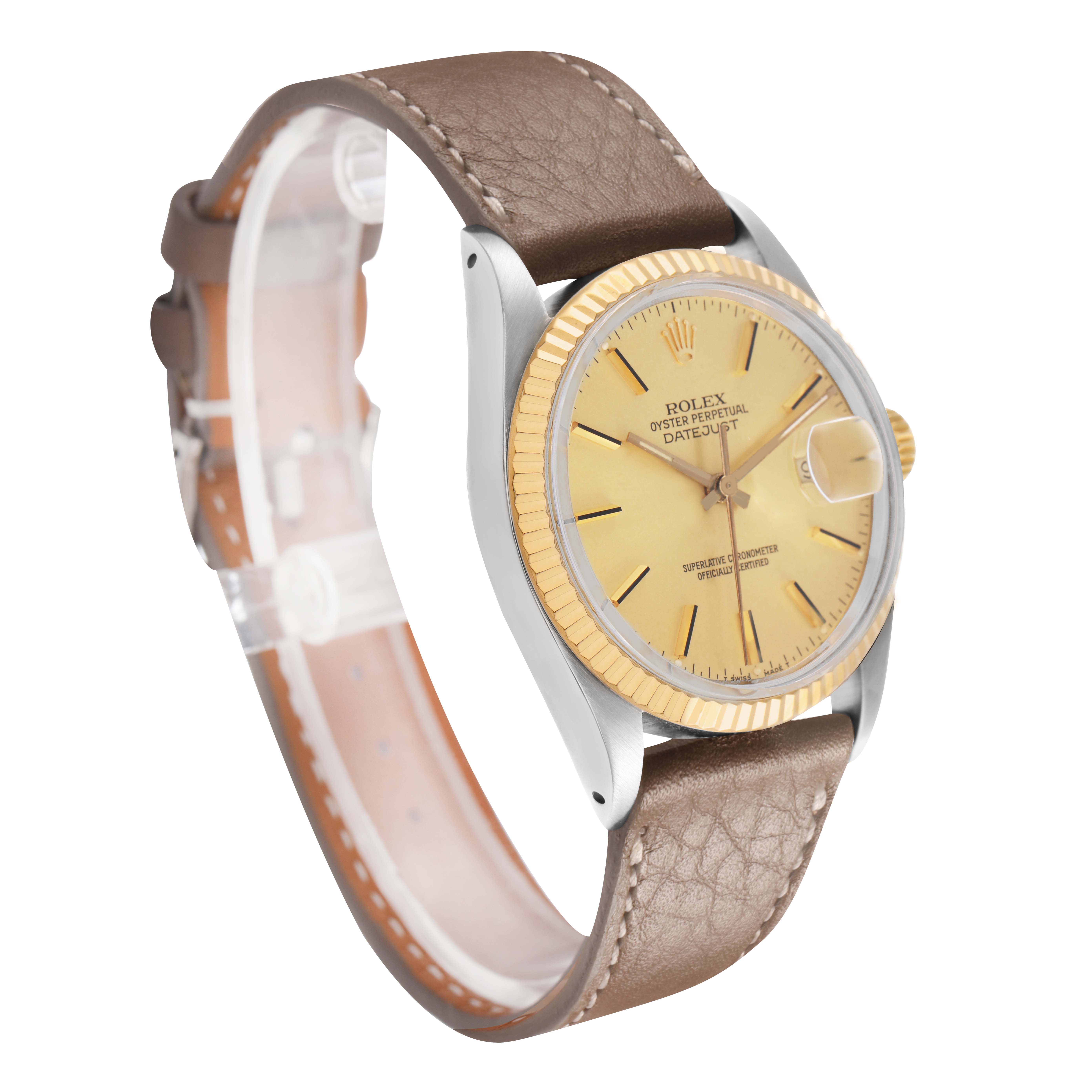 The Rolex Datejust 16013 Men's Steel and Gold (two tone) Champagne Dial watch is shown at a three-quarter angle, highlighting the bezel, dial, and leather strap.