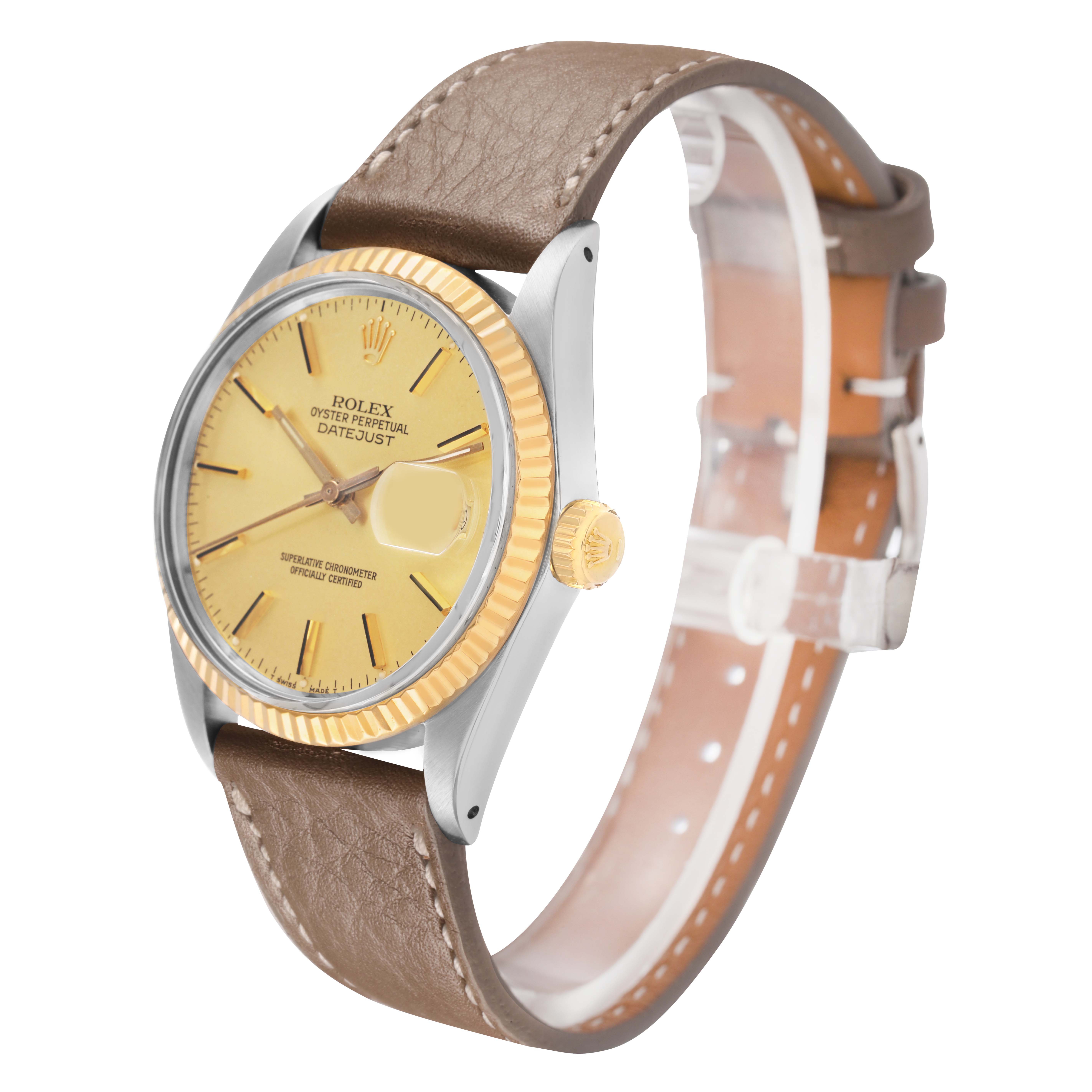 The Rolex Datejust 16013 Men's Steel and Gold (two tone) Champagne Dial watch is shown at a three-quarter angle, highlighting the dial, fluted bezel, crown, and leather strap.