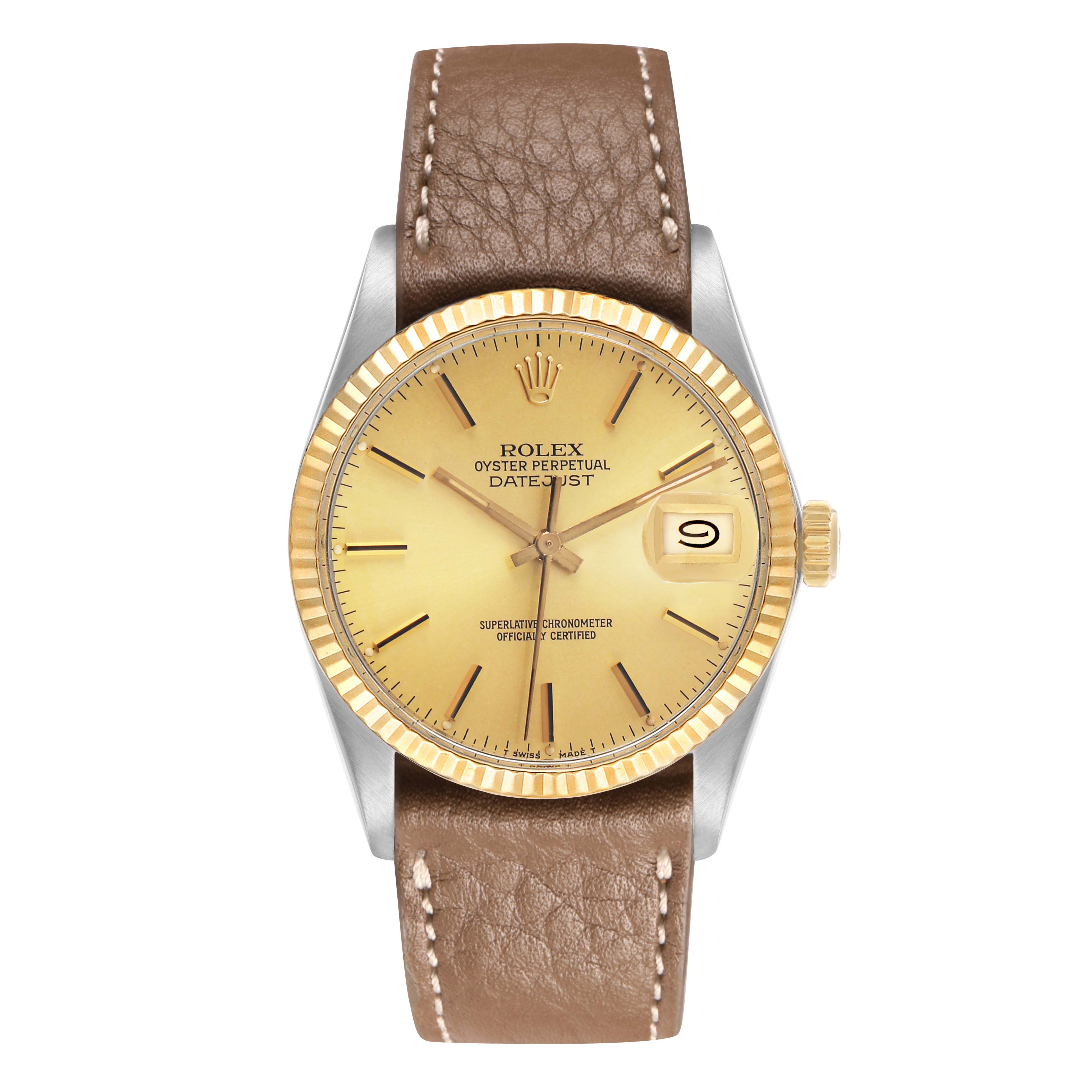 The Rolex Datejust 16013 Men's Steel and Gold (two tone) Champagne Dial watch is shown from a front angle, displaying the dial, bezel, crown, and leather strap.