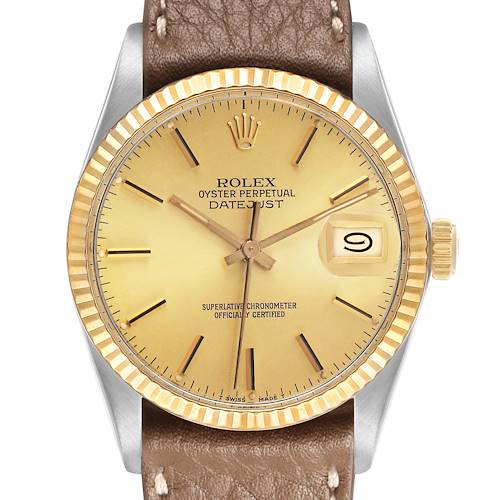 The Rolex Datejust 16013 Men's Steel and Gold (two tone) Champagne Dial watch is shown from a front angle, highlighting its dial, fluted bezel, and crown.