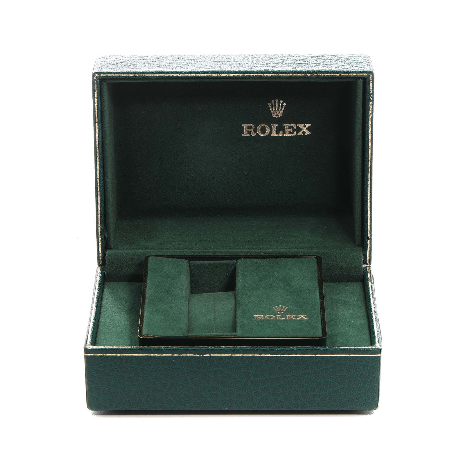 The image shows an open green Rolex Datejust 16013 Men's Steel and Gold (two tone) Champagne Dial box with the brand logo, designed to hold the watch securely.