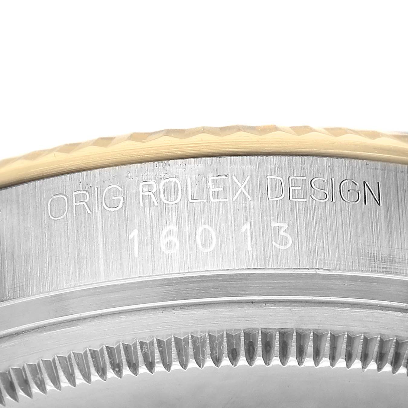 The image shows the side view of the Rolex Datejust 16013 Men's Steel and Gold (two tone) Champagne Dial case, highlighting the model engraving.