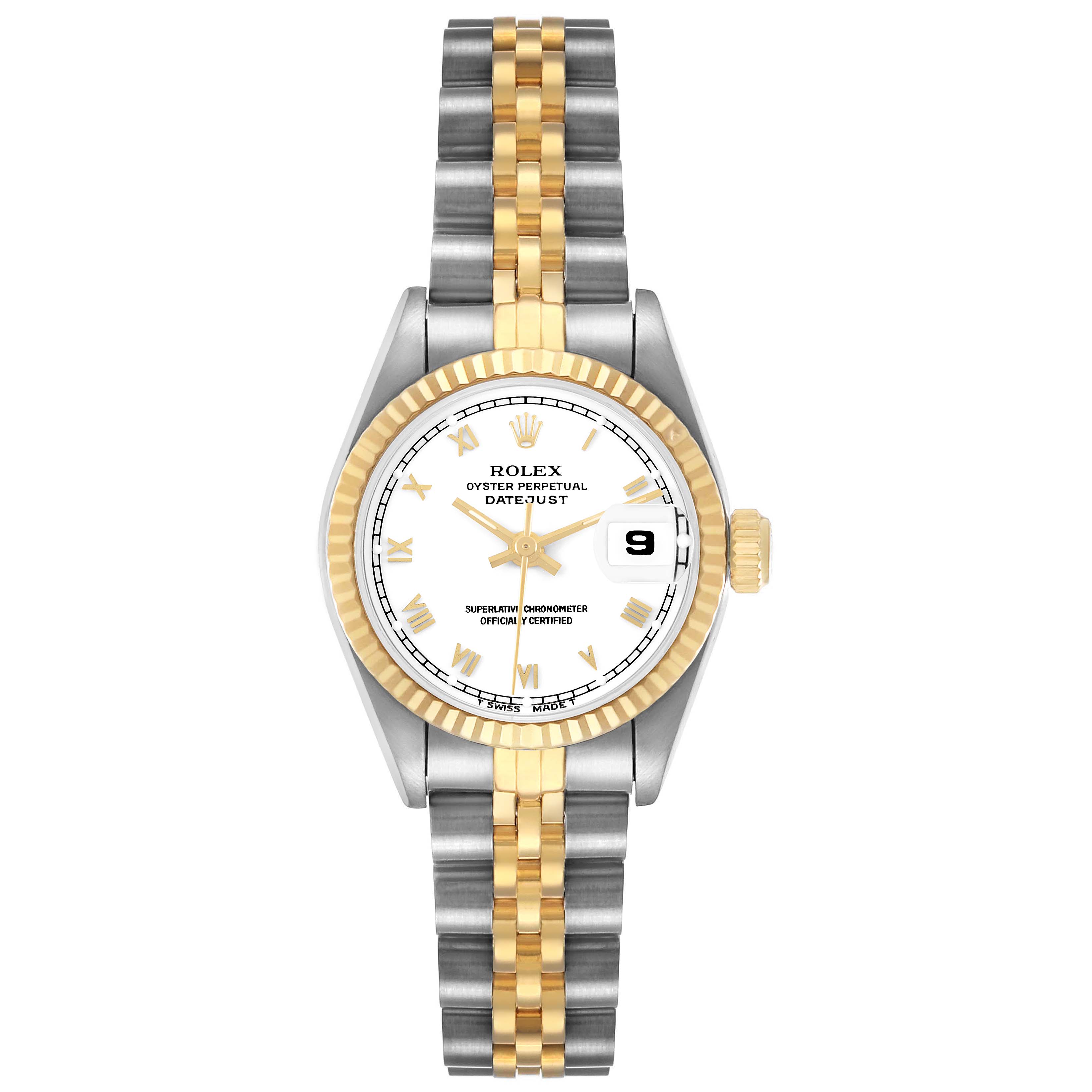 The Rolex Datejust 69173 Women's Steel and Gold (two tone) White Dial watch is shown from a front angle, displaying the bezel, dial, bracelet, and crown.