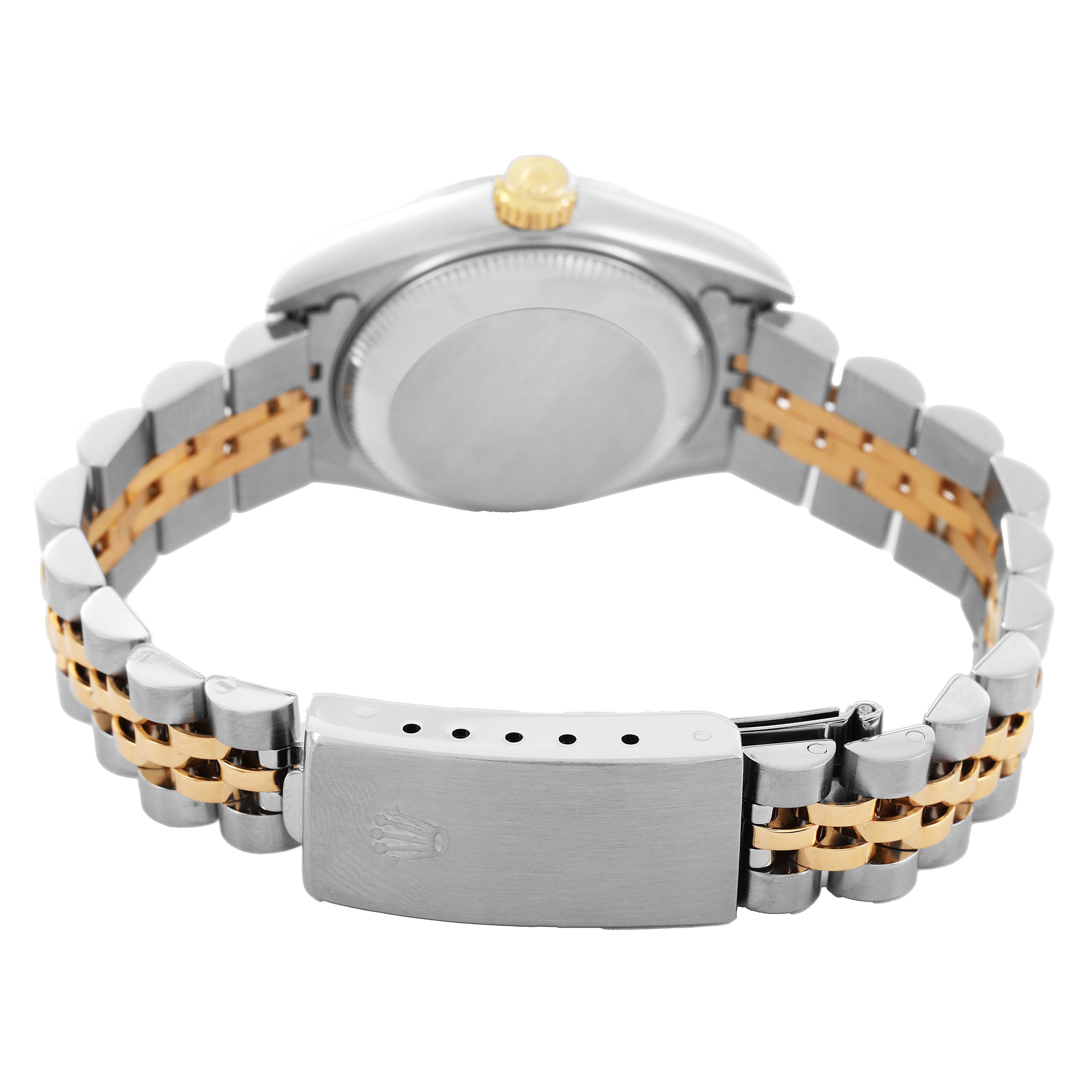 The image shows the back of the Rolex Datejust 69173 Women's Steel and Gold (two tone) White Dial, highlighting the clasp and bracelet design.