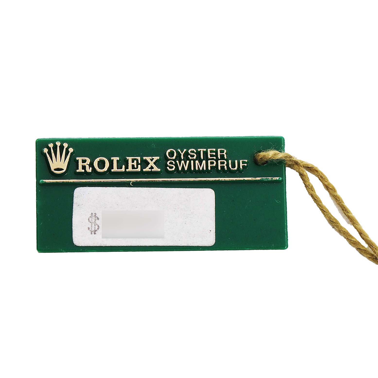 The image shows a green Rolex Oyster Swimpruf tag, associated with the Datejust model.