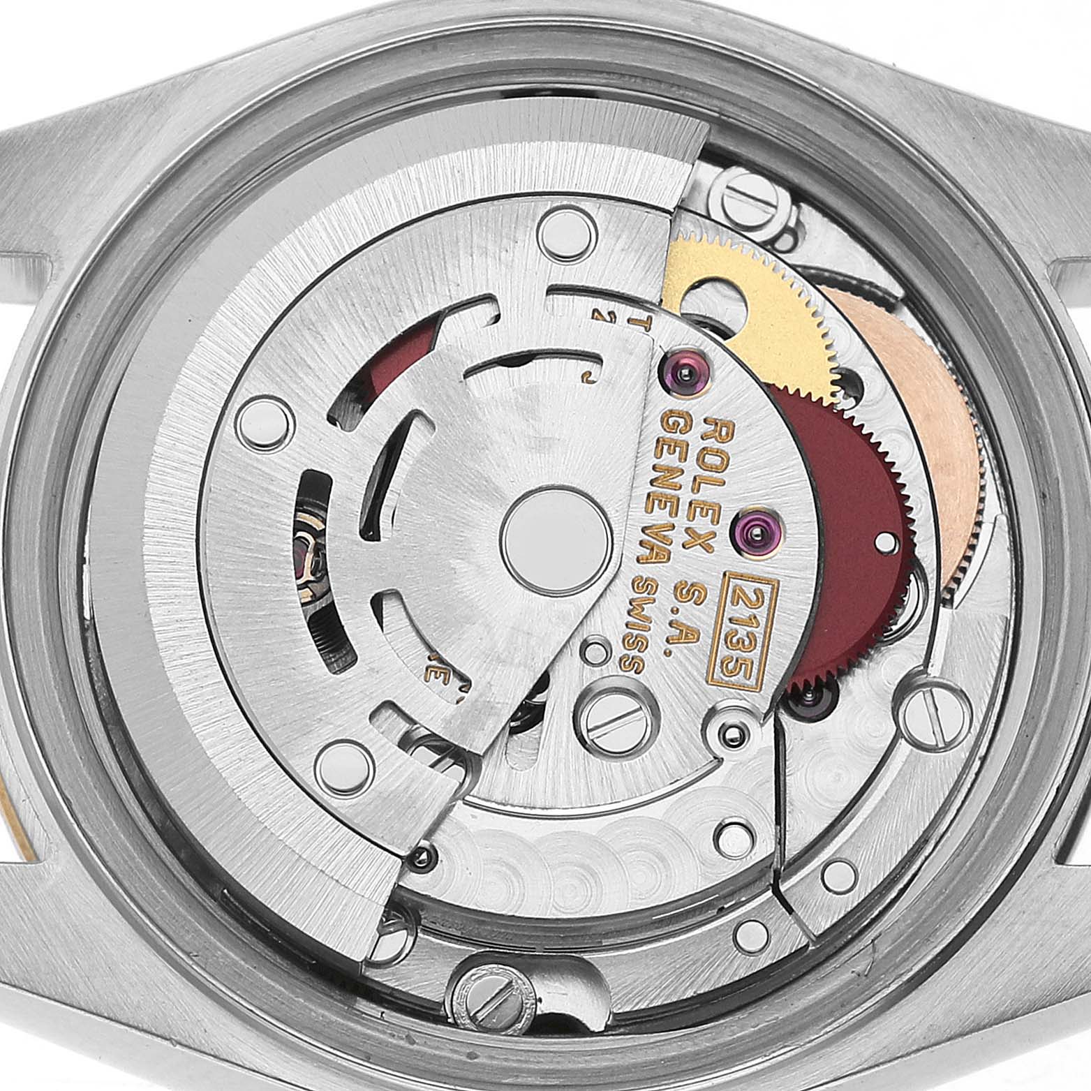 The image shows a top-down view of the Rolex Datejust 69173 Women's Steel and Gold (two tone) White Dial watch movement, highlighting its intricate inner mechanics.