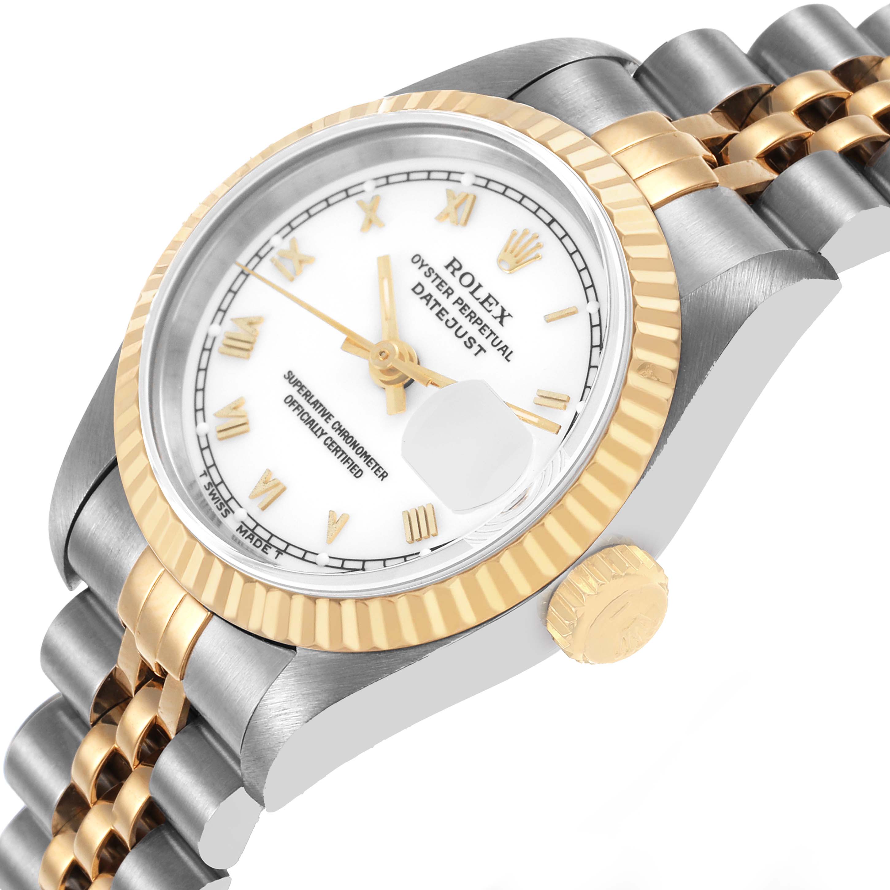 The Rolex Datejust 69173 Women's Steel and Gold (two tone) White Dial watch is shown at a tilted angle, highlighting the dial, bezel, crown, and part of the bracelet.