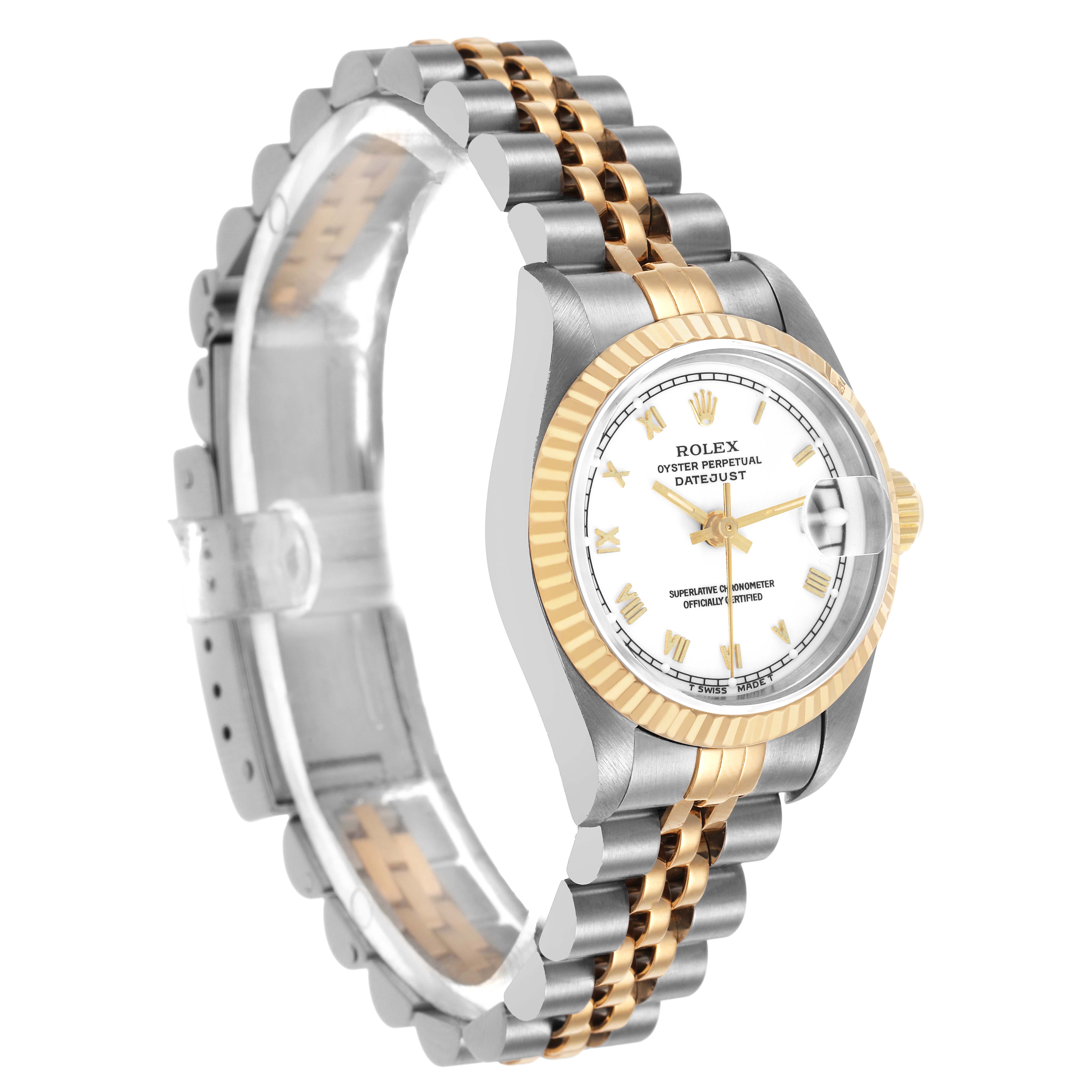 The Rolex Datejust 69173 Women's Steel and Gold (two tone) White Dial watch is shown at an oblique angle, highlighting the bracelet, bezel, and face details.