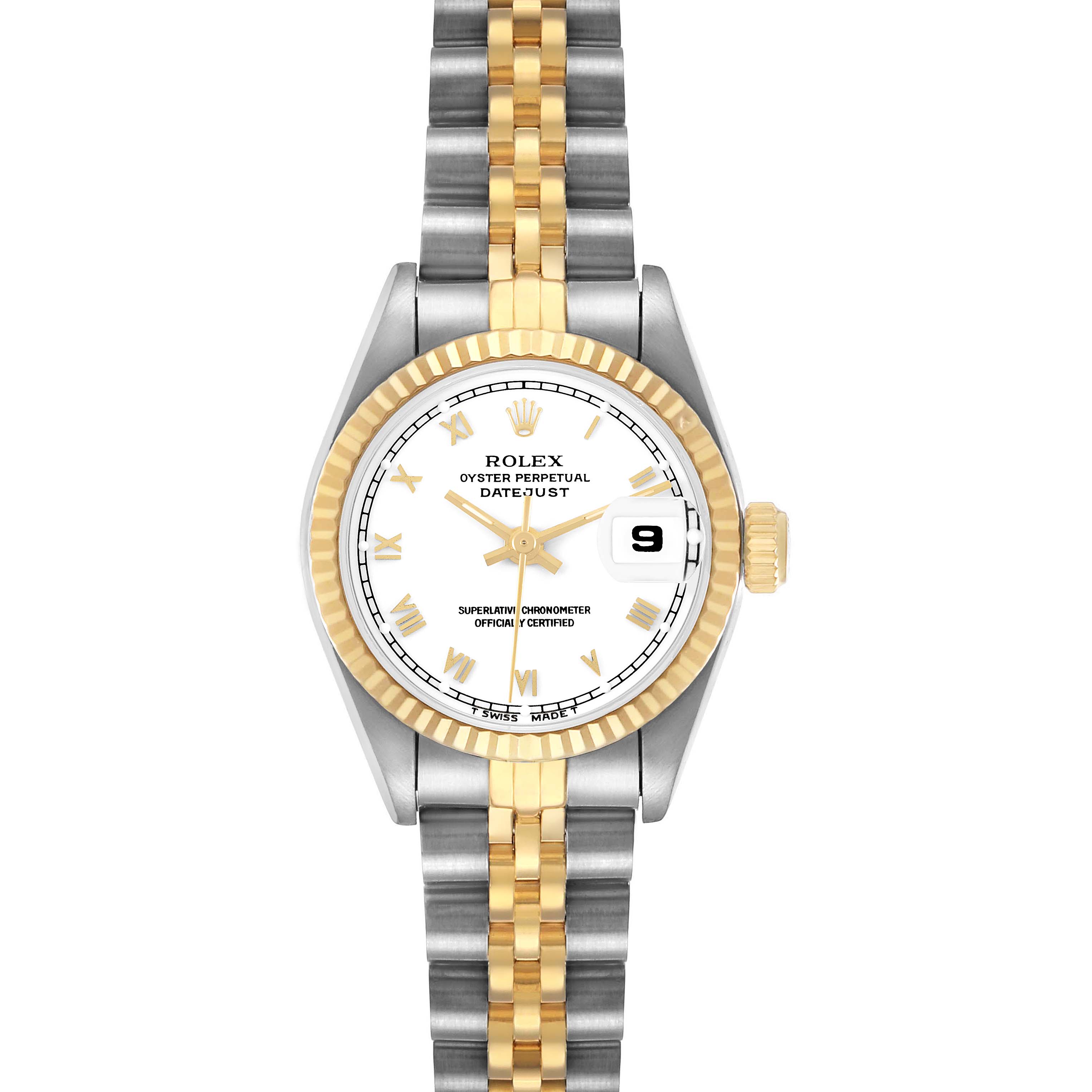 The Rolex Datejust 69173 Women's Steel and Gold (two tone) White Dial watch is shown from a top view, highlighting its face, bezel, crown, and two-tone bracelet.