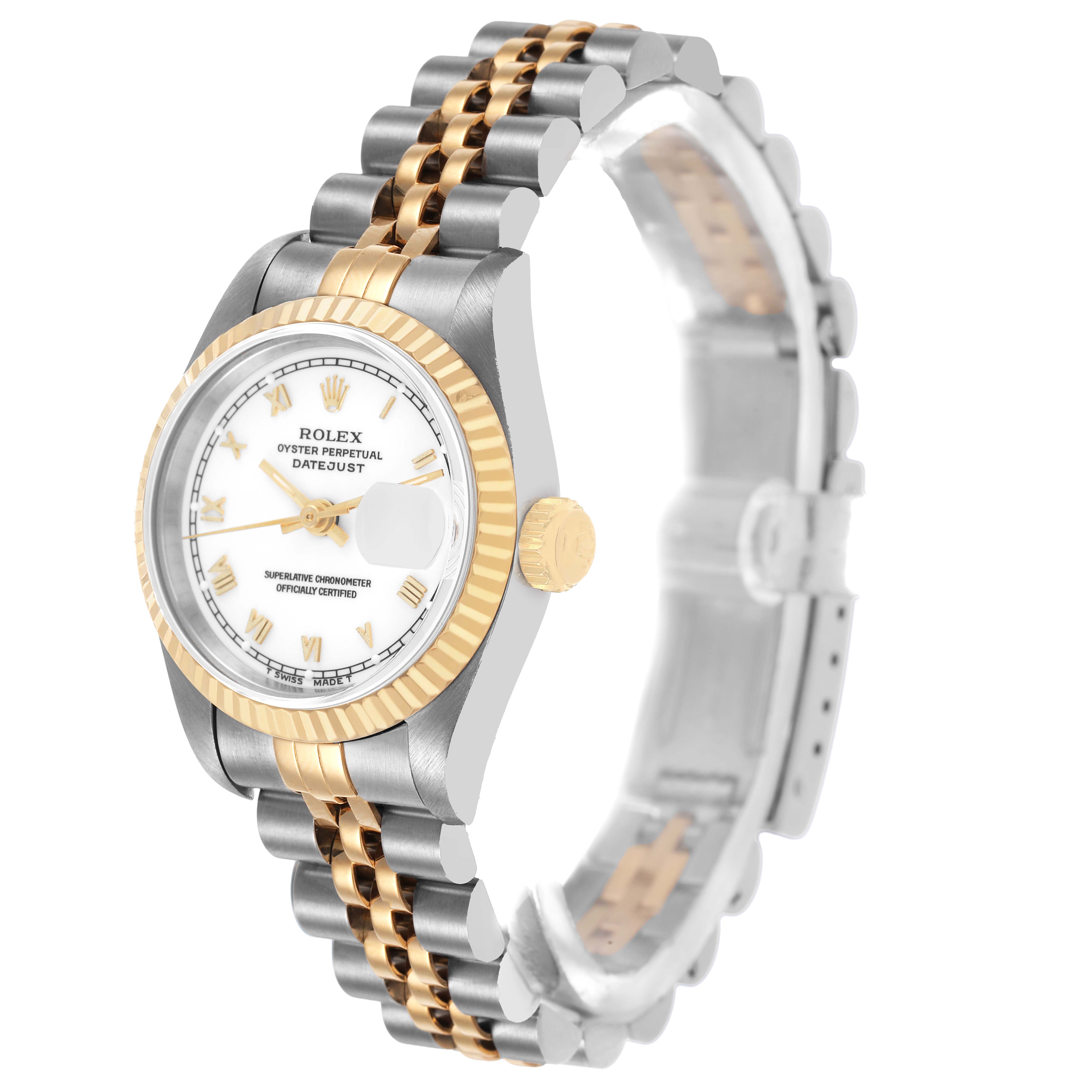 The Rolex Datejust 69173 Women's Steel and Gold (two tone) White Dial watch is shown at a three-quarter angle, highlighting the dial, fluted bezel, crown, and two-tone Jubilee bracelet.