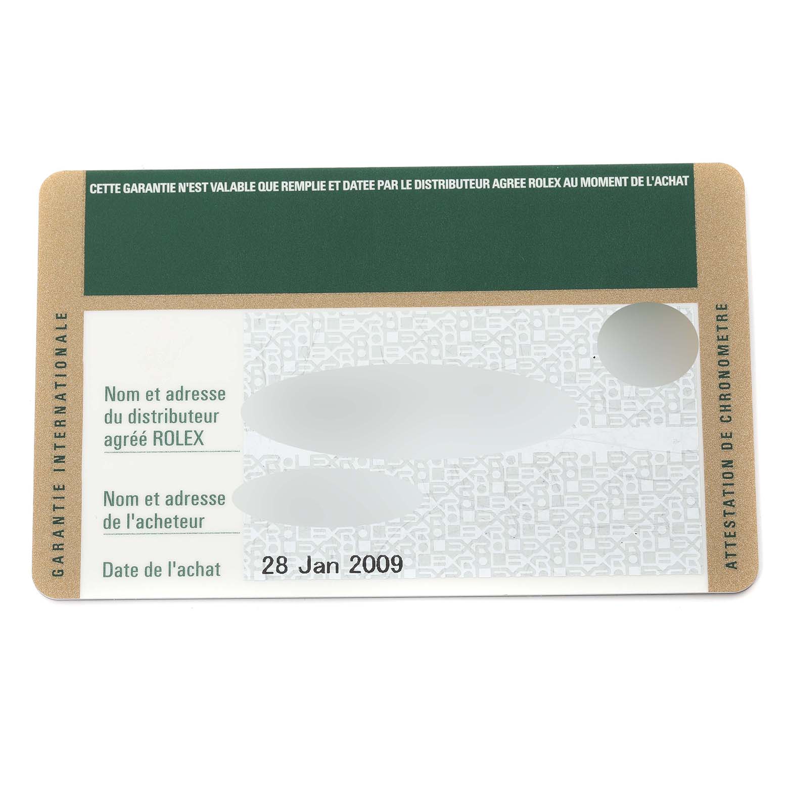 This image shows the warranty card for a President model by Rolex, with purchase date and distributor information sections.